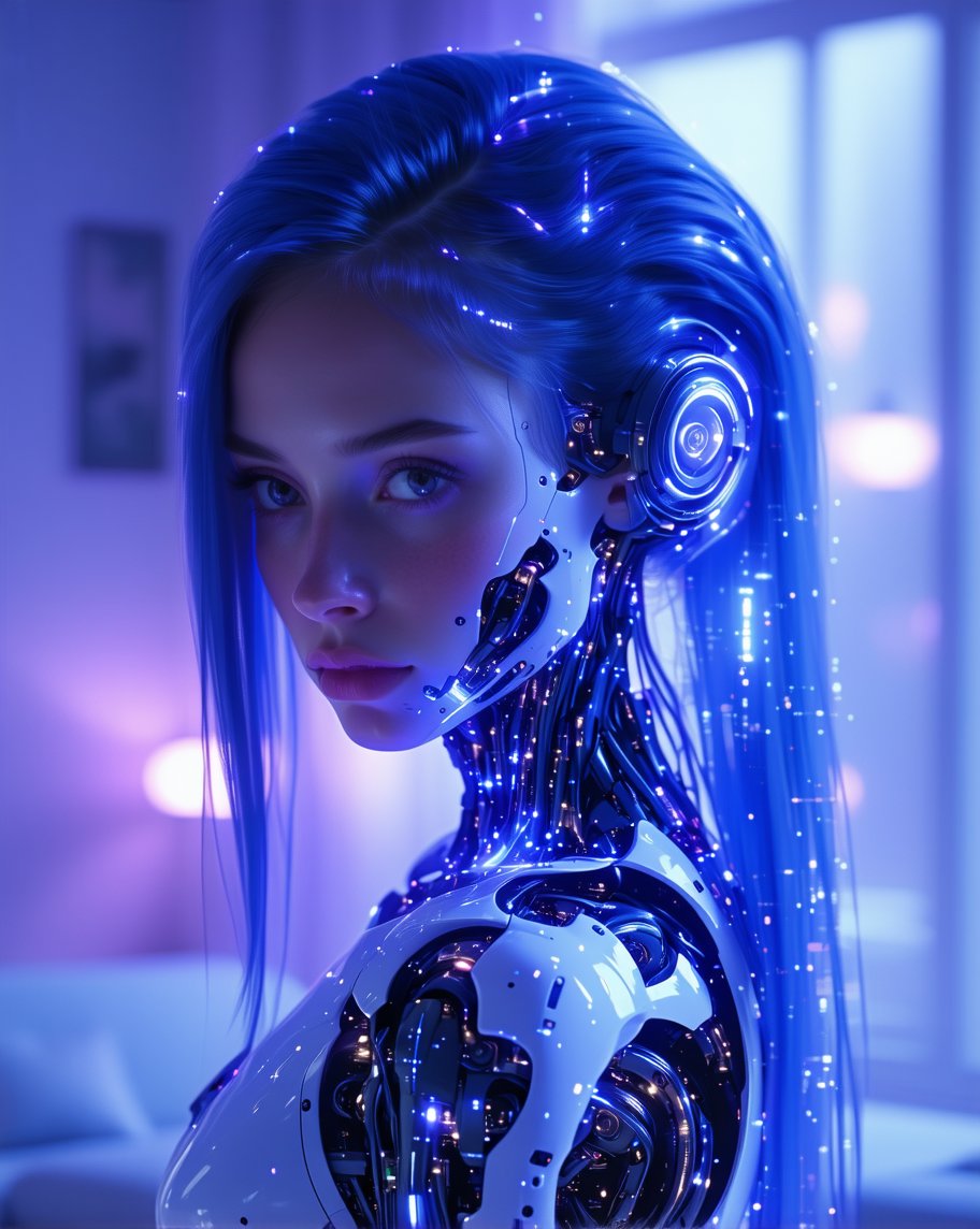 Futuristic Robot with Blue Hair and Glowing Eyes