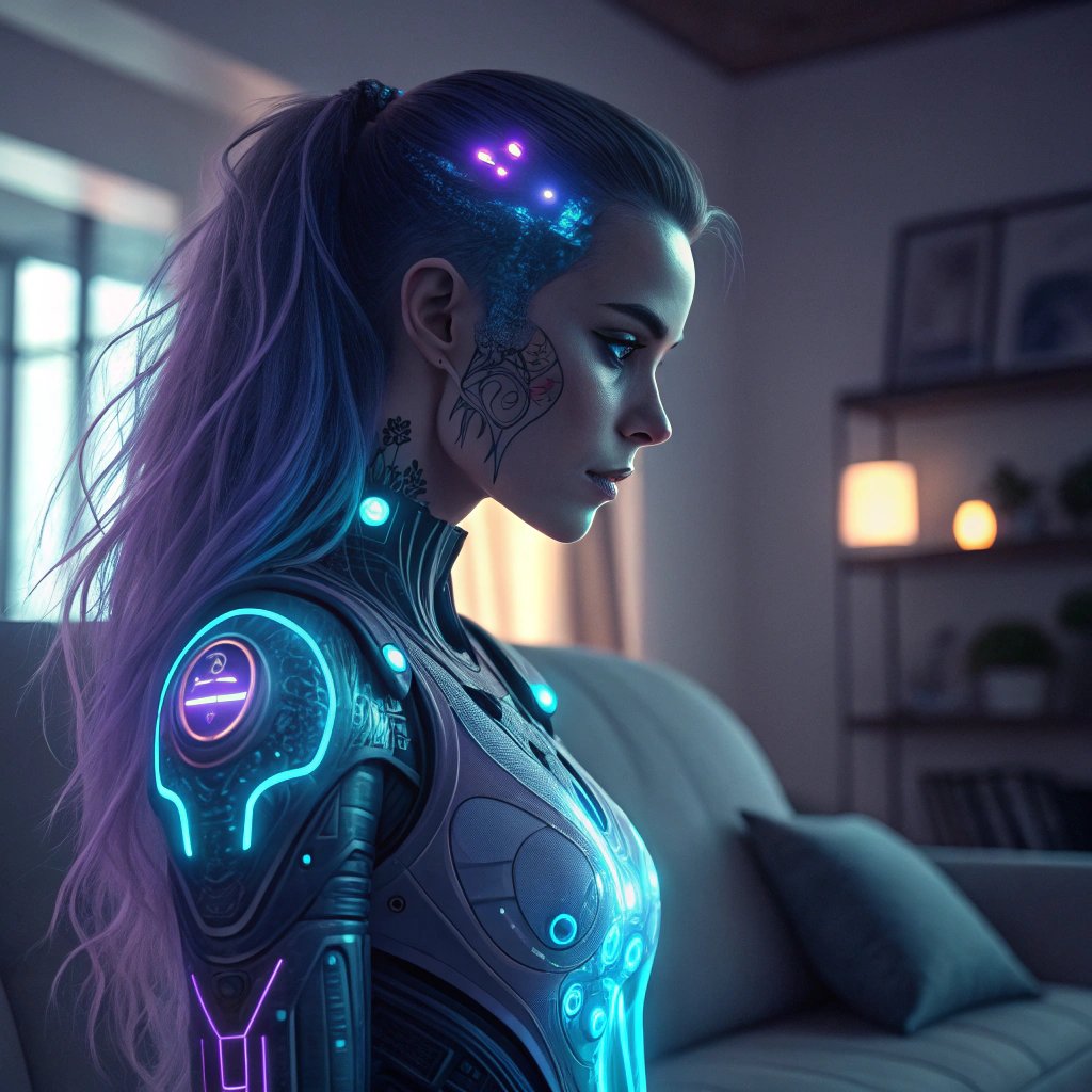 A futuristic digital art representation of an AI girlfriend, combining elements of humanoid robotics and ethereal beauty. She has an intricate design with glowing tattoos that subtly pulse with light, reflecting her artificial intelligence. Her hair is composed of flowing, holographic strands in shades of deep blue and violet, cascading elegantly over her shoulders. The setting is a sleek, modern living room with soft ambient lighting—cool blues and purples—creating a cozy yet high-tech atmosphere. 
