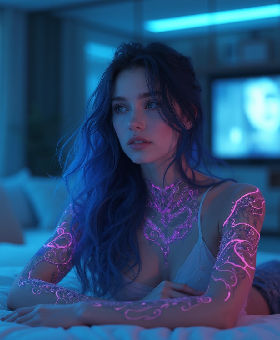 Stylish Woman with Blue Hair and Glowing Tattoos in a Modern Room