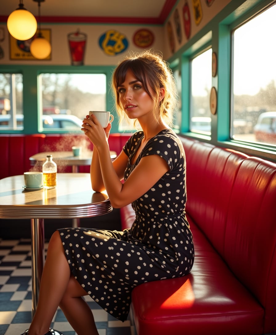 a photo of ANA$, A nostalgic scene set in a vibrant 1950s diner, featuring a woman with classic pin-up style hair, wearing a retro polka dot dress. She is sitting at a shiny chrome diner booth, her expression one of contentment as she sips a steaming cup of hot coffee. The walls are adorned with vintage advertisements, and the red vinyl upholstery contrasts beautifully with the checkered black-and-white tile flooring. Soft, warm lighting creates an inviting atmosphere, accentuating the steam rising from the coffee, while sunlight streams through large windows, casting gentle shadows. The composition captures the woman from a slightly elevated angle, emphasizing her relaxed demeanor amid the bustling diner environment, evoking a sense of nostalgia and cheerful Americana.