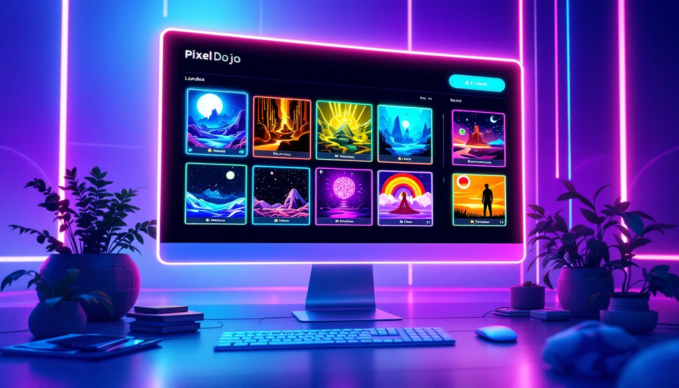 Vivid Neon Lights Illuminating a Desk with a Computer Monitor and Keyboard