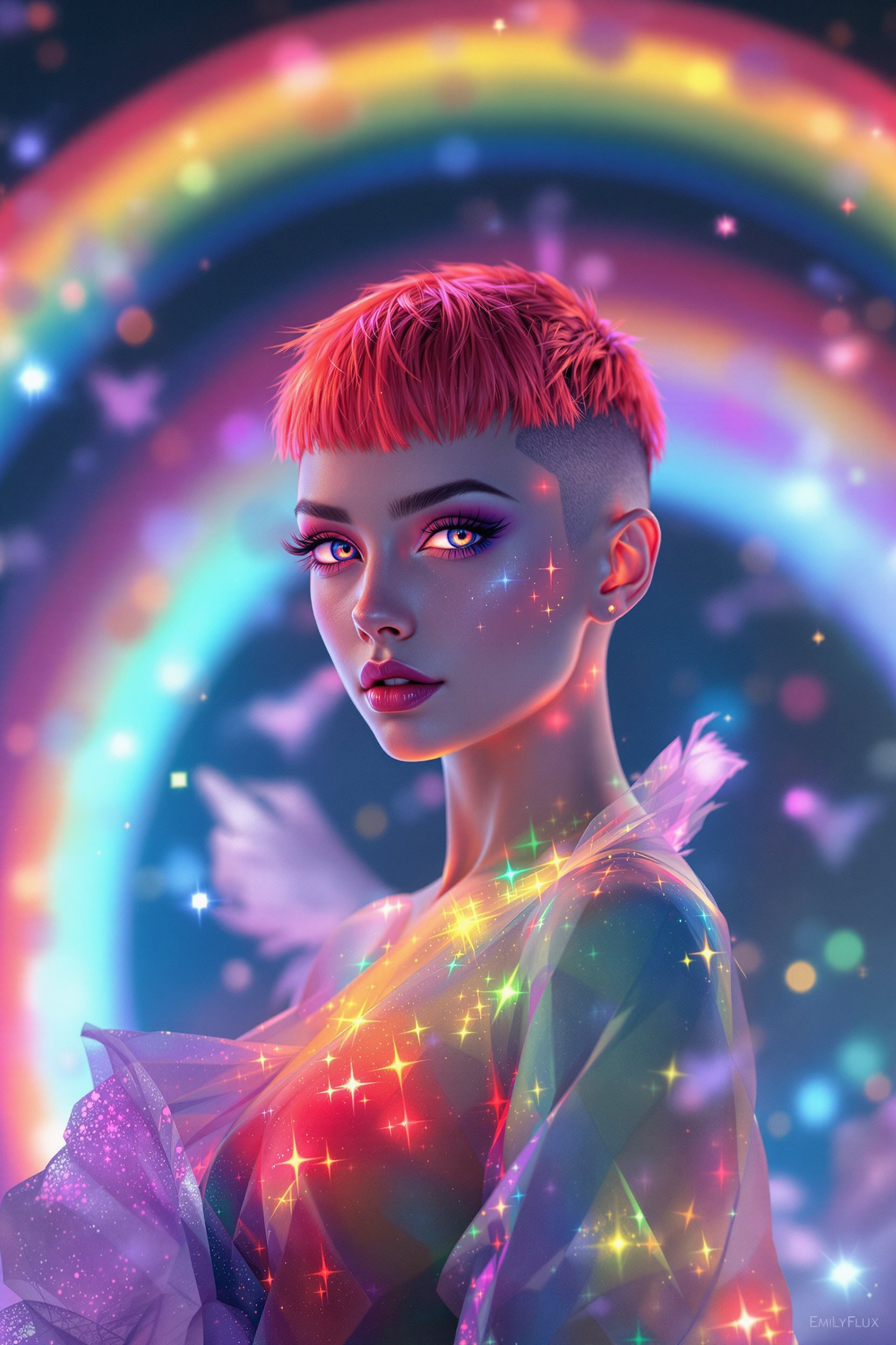 A **hyperrealistic digital painting** of EmilyFlux, the queen of rainbow magic, in **Unreal Engine 5** quality. Her **short, shaved undercut hair** is a vibrant **red**, glowing with an ethereal light. The scene captures her **Tumblr aesthetic** with:

- **Visual Details:** EmilyFlux's hair is short, shaved undercut with **fine, detailed strands** reflecting light in a way that mimics the iridescence of a hummingbird's feather. Her eyes are **vivid and expressive**, with **intricate patterns** of rainbow hues swirling within the irises. Her attire is a **watercolor-like blend** of colors, flowing seamlessly from one shade to another, resembling the **subtle brush strokes** of **Olga Shvartsur** and **Svetlana Novikova**.

- **Style:** The image combines **hyperrealism** with **fine art elements** of **watercolor painting**, capturing the essence of **Tumblr's aesthetic** - soft, dreamy, yet with sharp, detailed realism. 

- **Composition:** EmilyFlux stands at the center, her figure slightly turned to one side, her gaze directed towards the viewer with a **magnetic pull**. The camera angle is **slightly high**, giving her a regal, commanding presence. The framing includes **delicate, translucent rainbows** arching around her, creating a **frame within a frame**.

- **Mood and Atmosphere:** The mood is **enchanting and serene**, with a **soft focus** on the background, suggesting a **magical, otherworldly realm** where light dances in a perpetual twilight. The ambiance is **calm and inviting**, with a **gentle breeze** that seems to ripple through her hair and clothing.

- **Technical Aspects:** The image employs **hyperrealistic rendering**, with **high dynamic range (HDR)** lighting to enhance the depth and realism of the scene. The **watercolor effect** is achieved through **digital painting techniques** that mimic traditional watercolor washes, with **texture overlays** to add a tactile feel.

This **fine art portrait** captures EmilyFlux in a **unified, believable scene** where every element from her hair to the ambient light contributes to her aura of **rainbow magic**, making her appear as if she stepped out of a **dream into reality**.