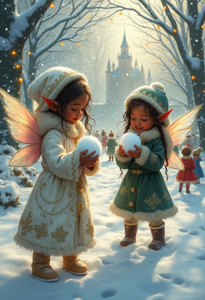 This image is a digital painting that captures a magical winter scene. The art style is fantastical and whimsical, with a high level of detail and realism of the elf girls.The medium appears to be a digital painting software, given the smooth blending and gradients of colors.The colors in the image are predominantly cool tones, with whites, blues, and grays dominating the palette. The snowflakes and the elf childrens clothing are highlighted with touches of warm colors like red, pink, and gold, which add depth and contrast to the scene. The use of light and shadow is masterful, with the sunlight filtering through the trees and casting a warm glow on the elf childrens faces, creating a cozy and enchanting atmosphere.The objects in the image are numerous and contribute to the magical winter wonderland. In the foreground, there are two children dressed in elaborate winter costumes that resemble angels or fairies. The child on the left is wearing a white coat with golden embroidery and a matching hat, while the child on the right is wearing a green coat with a similar hat. Both elf children with dark skin have wings and are holding snowballs, with expressions of pure joy on their faces.In the background, there are more children playing in the snow, with one child building a snowman. The snow covered ground is dotted with footprints and small animal tracks, adding to the wintry feel of the scene. The trees are adorned with twinkling lights, and there is a faint outline of a castle or grand building in the distance, suggesting a nearby village or town.Overall, the image exudes a sense of wonder, joy, and enchantment, inviting the viewer into a magical winter world filled with playful elf children and ethereal creatures.