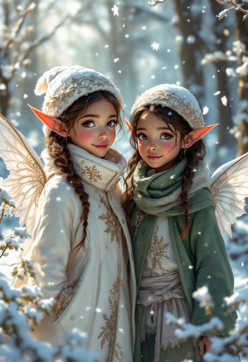 This image is a digital painting that captures a magical winter scene. The art style is fantastical and whimsical, with a high level of detail and realism of the elf girls.The medium appears to be a digital painting software, given the smooth blending and gradients of colors.The colors in the image are predominantly cool tones, with whites, blues, and grays dominating the palette. The snowflakes and the elf childrens clothing are highlighted with touches of warm colors like red, pink, and gold, which add depth and contrast to the scene. The use of light and shadow is masterful, with the sunlight filtering through the trees and casting a warm glow on the elf childrens faces, creating a cozy and enchanting atmosphere.The objects in the image are numerous and contribute to the magical winter wonderland. In the foreground, there are two children dressed in elaborate winter costumes that resemble angels or fairies. The child on the left is wearing a white coat with golden embroidery and a matching hat, while the child on the right is wearing a green coat with a similar hat. Both elf children with dark skin have wings and are holding snowballs, with expressions of pure joy on their faces.In the background, there are more children playing in the snow, with one child building a snowman. The snow covered ground is dotted with footprints and small animal tracks, adding to the wintry feel of the scene. The trees are adorned with twinkling lights, and there is a faint outline of a castle or grand building in the distance, suggesting a nearby village or town.Overall, the image exudes a sense of wonder, joy, and enchantment, inviting the viewer into a magical winter world filled with playful elf children and ethereal creatures.