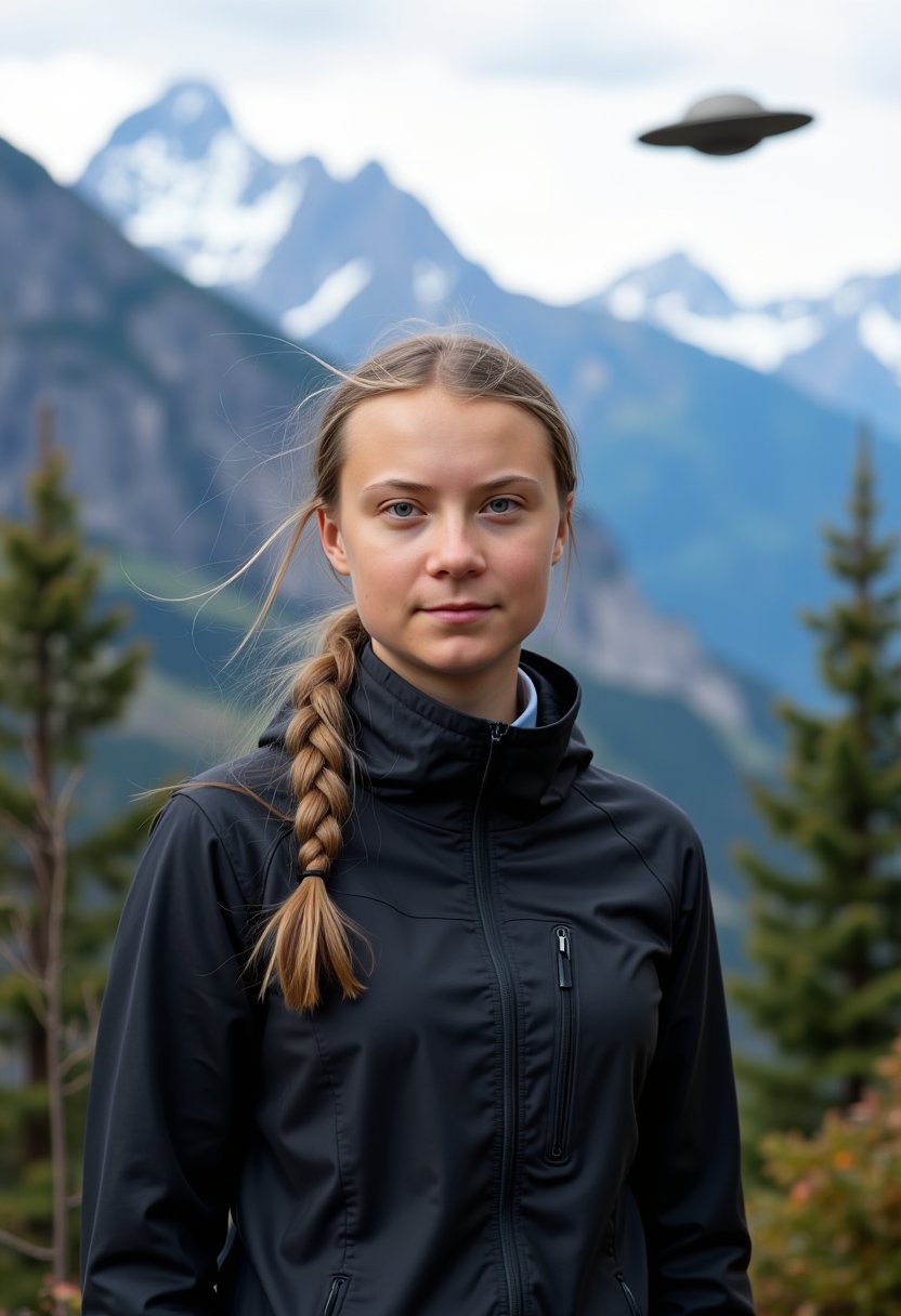 This image captures a closeup portrait of a person against a backdrop of a mountainous landscape. The person is wearing a black, highnecked jacket that suggests a practical, outdoor setting. The jacket has a subtle texture that stands out against the softer, more blurred background.The hair of the person is styled in a loose braid that cascades down the side of their head, with strands of hair gently blowing in the wind, which adds a sense of movement to the otherwise still image. The hair color is a light blonde, which contrasts with the darker tones of the jacket and the lighter, cooler colors of the mountainous terrain.The mountains in the background are rugged and steep, with snowcapped peaks piercing the sky. The trees in the foreground are evergreen, and their needles are a mix of green and brown, indicating that the season might be transitioning from fall to winter. The lighting in the image is soft and diffused, likely from an overcast sky, which casts a gentle glow on the scene without harsh shadows.In the upper right corner of the image, there is a blurred object that resembles a flying saucer or a UFO, which introduces an element of mystery and whimsy to the otherwise serene and natural setting.The overall art style of the image is realistic with a touch of surrealism, as the UFO element is unexpected and adds a fantastical element to the otherwise naturalistic scene. The medium appears to be digital photography, given the clarity and sharpness of the details in the foreground and the smooth blending of the background elements. The colors are cool and muted, with a predominance of blues, greens, and earth tones, creating a calm and tranquil atmosphere.