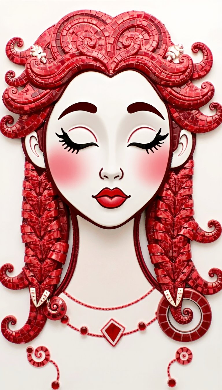 A 3D illustration of a female face with a thoughtful expression and closed eyes. The face is made of mosaic tiles in brilliant ruby red, white, and soft white. The female face has long, wavy hair styled in braids and held in place by mosaic ruby red hairpins. The face is surrounded by a 3D dress decorated with spiral geometric shapes and mosaics in ruby red. The background is white. 