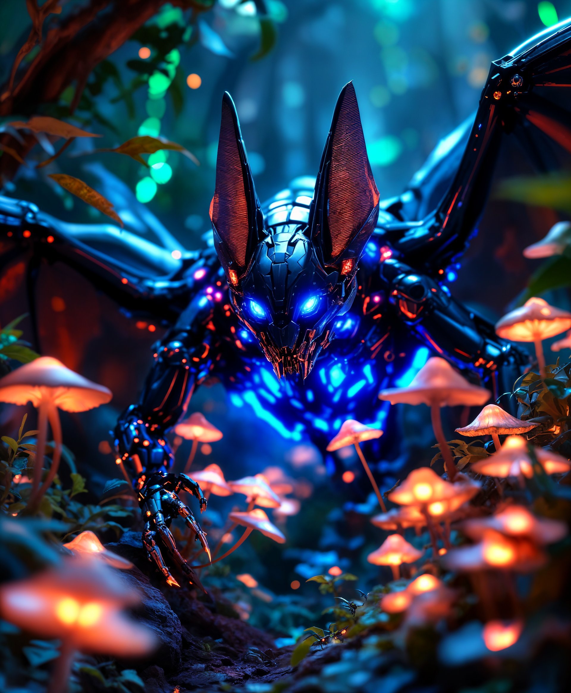 masterpiece, best quality, highres, sharp image, more detail, masterpiece, best quality, highres, sharp image, more detail, A highly detailed, cinematic portrait of a **mecha Bat** in the **futuristic wild caves**. The **mecha Bat** has intricate mechanical parts, with a sleek, metallic body featuring **vivid neon accents** and **glowing blue eyes**, set against a backdrop of **lush, verdant flora** with **bio-luminescent mushrooms and vines** emitting soft, ethereal light. 

**Visual Details:**
- The mecha Bat's texture should mimic **polished steel and carbon fiber**, with **chrome highlights** and **exposed wires**.
- Colors include **deep blacks**, **shimmering silvers**, **vibrant blues**, and **neon greens** from the surrounding cave's natural light.

**Style:**
- Inspired by **cyberpunk aesthetics** with a touch of **fantasy art**, akin to the works of **Tsutomu Nihei** or **Moebius**.

**Composition:**
- The mecha Bat is **perched on a rocky outcropping**, slightly turned to face the viewer, with its wings partially spread.
- Camera angle is **low**, looking up at the mecha Bat to emphasize its dominance and the grandeur of the cave.
- Framing includes **stalactites and stalagmites**, with **soft focus** on the background to keep the mecha Bat in sharp relief.

**Mood and Atmosphere:**
- The mood is **mysterious yet serene**, with the **time of day** being **twilight**, where the cave's natural light sources glow more intensely.
- The atmosphere has a **mystical**, almost **otherworldly** quality, with **fog** gently swirling around the cave floor.

**Technical Aspects:**
- Use **high dynamic range (HDR)** imaging to capture the wide range of light and shadow.
- Apply **selective focus** to keep the mecha Bat in sharp detail while the background blurs slightly.
- Utilize **bokeh** effects from the cave's natural light sources.

**Cohesion:** 
- Ensure the futuristic elements of the mecha Bat blend seamlessly with the natural, organic shapes and textures of the cave, creating a harmonious, believable scene where technology and nature coexist.