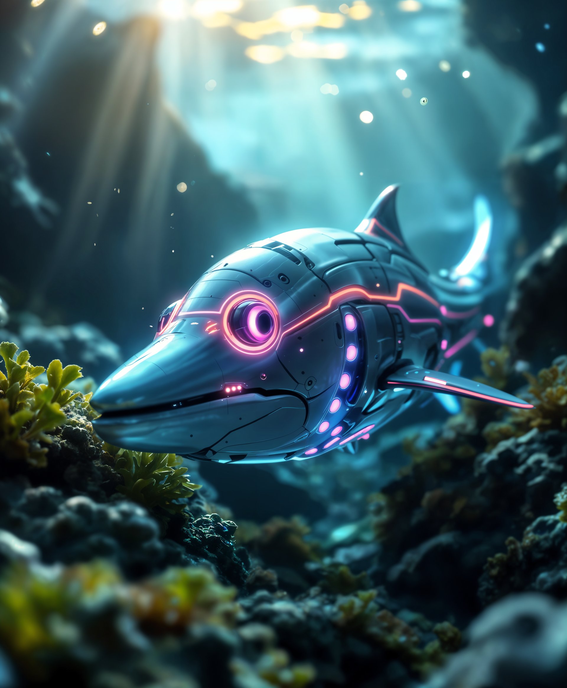 masterpiece, best quality, highres, sharp image, more detail, masterpiece, best quality, highres, sharp image, more detail, A hyper-realistic portrait of a mecha Barracuda, set in the untamed, futuristic wild sea, showcasing:

**Visual Details:**
- **Mecha Design:** Constructed with sleek, hydrodynamic plating in shades of metallic silver, gunmetal gray, and vibrant neon accents that glow softly, reflecting the aquatic environment. 
- **Texture:** Smooth, reflective surfaces on the body, contrasting with the rough, barnacle-covered underbelly, suggesting years of adaptation to its environment.
- **Lighting:** Dynamic interplay of light and shadow, with bioluminescent algae providing an ethereal glow around the mecha, complemented by underwater sunbeams filtering through the water.

**Style:** 
- **Artistic Influence:** Inspired by the detailed mechanical designs of Syd Mead, combined with the organic, fluid lines of H.R. Giger's biomechanical art.
- **Photography Technique:** Utilizing a macro lens to capture the intricate details of the mecha's design, with a shallow depth of field to focus on the Barracuda while the background sea blurs into an abstract wash of color.

**Composition:**
- **Subject Positioning:** The mecha Barracuda is poised majestically, its head turned slightly to the side, eyes glowing with a predatory intensity.
- **Camera Angle:** Low angle shot, looking up from the seabed to emphasize the power and size of the mecha, creating a sense of awe and intimidation.
- **Framing:** Framed with the mecha at the center, surrounded by swirling currents and schools of fish, which part around the mecha in a natural, dynamic flow.

**Mood and Atmosphere:**
- **Emotion:** Conveys a sense of awe, mystery, and the wild, untamed nature of the sea, with the mecha as a symbol of advanced technology harmonizing with the primal environment.
- **Time and Weather:** Early evening, with the last rays of sunlight piercing through the water, casting an otherworldly light on the scene.
- **Ambiance:** The atmosphere is filled with the distant hum of the mecha's systems and the soft sounds of the sea, creating a serene yet powerful ambiance.

**Technical Aspects:**
- **Resolution:** Ultra-high resolution to capture the minute details of the mecha and the surrounding aquatic life.
- **Color Palette:** Cool blues, deep greens, and bioluminescent hues, with strategic use of contrasting colors to highlight key features.
- **Focus:** Sharp focus on the mecha with a gradual blur into the background, simulating the