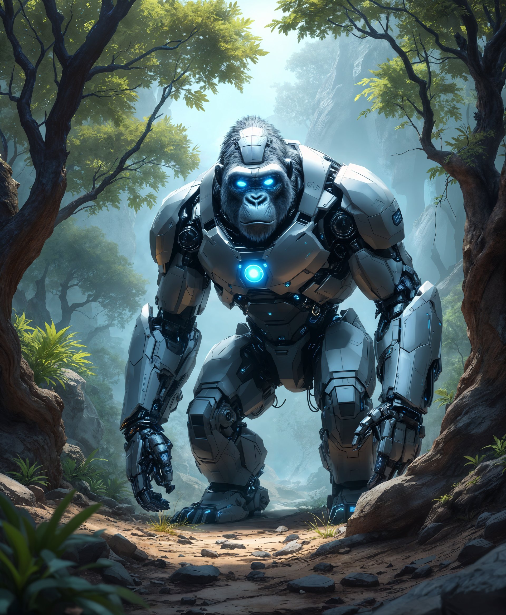 masterpiece, best quality, highres, sharp image, more detail, masterpiece, best quality, highres, sharp image, more detail, Create a highly detailed digital painting of a **mecha Gorilla** standing amidst the **futuristic wild**:

- **Subject**: The mecha Gorilla is engineered with advanced robotics, its body composed of sleek, metallic alloys and reinforced with visible exoskeleton structures. Its eyes glow with an intense, neon blue light, signifying its AI-driven consciousness. The gorilla's fur is replaced by a network of thin, metallic fibers that mimic the texture of real fur, providing both camouflage and protection.

- **Setting**: The wild is transformed into a futuristic landscape, where the natural elements are intertwined with technology. Trees have integrated mechanical parts, their leaves glowing softly with bioluminescent energy. The ground is covered in a mix of organic soil and metallic debris, creating a rugged, yet futuristic terrain.

- **Visual Details**: 
  - The mecha Gorilla stands in a dynamic pose, with one arm raised, showcasing the intricate details of its mechanical joints and hydraulics. 
  - Its chest plate displays holographic symbols, denoting its origin and status in this new ecosystem.
  - The background features a setting sun casting long, artificial light rays through a partly cloudy sky, with drones and small flying robots hovering in the distance.

- **Lighting**: The scene is illuminated by a combination of natural sunlight and artificial lights from the mecha Gorilla's body and the surrounding environment, creating a stark contrast and highlighting the metallic surfaces.

- **Style**: The image should evoke a **cyberpunk** atmosphere, blending traditional wildlife elements with high-tech features. Use a **hyper-realistic** style to capture the intricate details of the mecha Gorilla and the futuristic setting.

- **Composition**: Position the mecha Gorilla slightly off-center to the left, allowing room for the expansive, altered wilderness on the right. Use a low camera angle to emphasize the gorilla's imposing size and presence against the vast, yet controlled environment.

- **Mood and Atmosphere**: The scene conveys a sense of awe and respect for the advanced technology that has merged with nature, creating a new kind of wilderness. The atmosphere should feel both serene and slightly unsettling, as if observing the quiet before a storm of technological advancement.

- **Technical Aspects**: Utilize **deep focus** to keep both the mecha Gorilla and the surrounding environment sharp, enhancing the sense of detail. Implement **ray tracing** for realistic light interaction with the metallic surfaces and **motion blur** to suggest movement in the background drones.

- **Cohesion**: All elements should harmoniously blend to portray a world where technology has not just