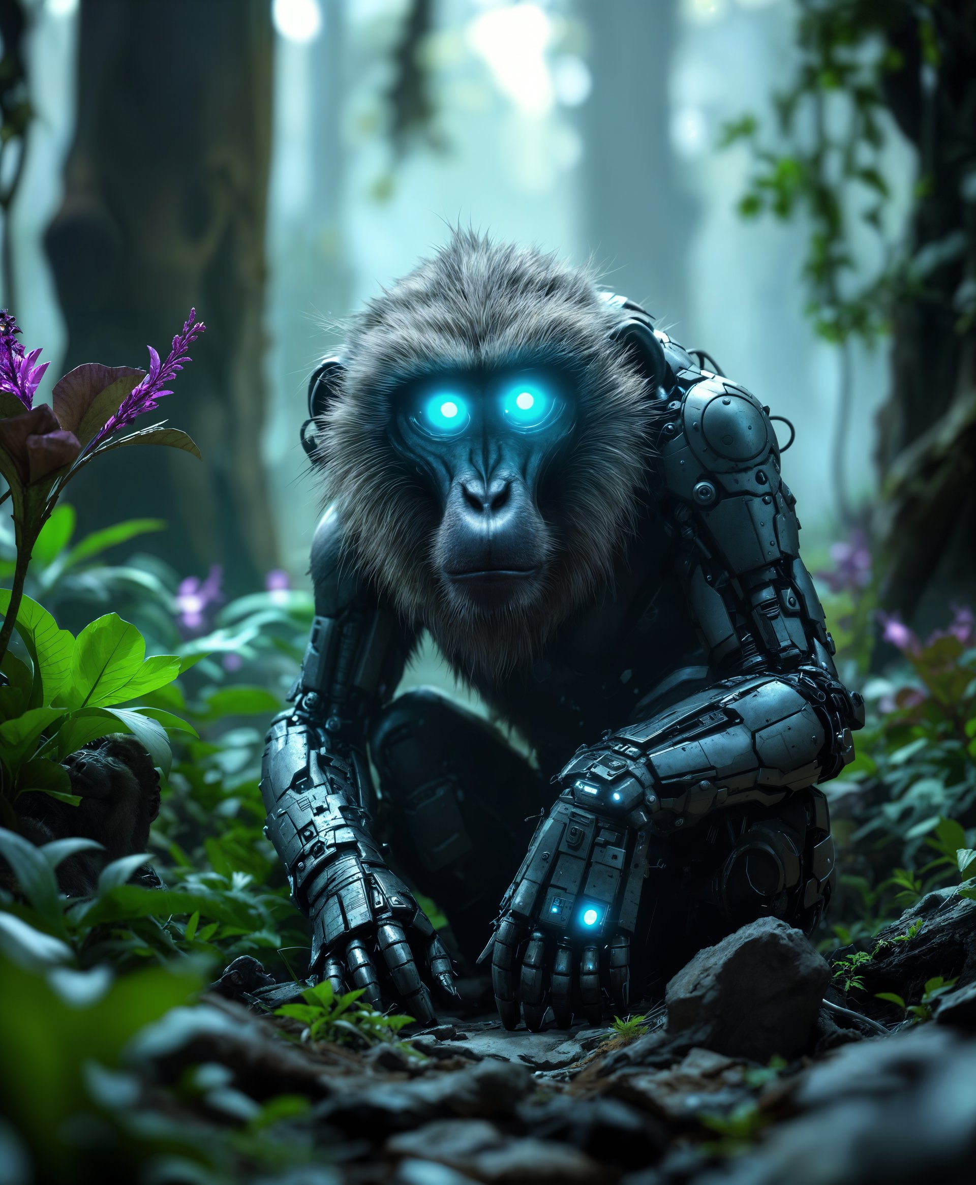 masterpiece, best quality, highres, sharp image, more detail, masterpiece, best quality, highres, sharp image, more detail, Create a highly detailed portrait of a mecha Baboon, embodying a fusion of organic and mechanical elements in the **futuristic wild**:

- **Visual Details**: The Baboon should have intricate, weathered metal plating with visible hydraulic systems, glowing neon blue eyes, and fur-like synthetic material. The environment should feature lush, overgrown vegetation with bio-luminescent plants glowing in shades of neon green and purple.

- **Style**: Inspired by **cyberpunk aesthetics** mixed with **hyper-realistic rendering**, akin to the art of Syd Mead and the film "Blade Runner 2049". Utilize **hyper-detailed texture mapping** to showcase the contrast between organic and synthetic.

- **Composition**: The Baboon should be the focal point, positioned centrally with its gaze slightly off-camera, suggesting alertness. The camera angle should be low, emphasizing its imposing stature against the backdrop of towering, futuristic trees and scattered, broken technological debris.

- **Mood and Atmosphere**: Convey an **ethereal dusk** where the setting sun casts long, ominous shadows, with the sky a mix of orange and deep violet. The atmosphere should be dense with moisture, with fog or mist hovering around, creating a sense of mystery and the unknown.

- **Technical Aspects**: Employ **depth of field** to blur the background slightly, focusing attention on the Baboon. Use **HDRI lighting** to enhance the contrast between light and shadow, highlighting the mechanical details. Apply **ray tracing** for realistic reflections on the mecha parts.

- **Cohesion**: The scene should blend the wild, untamed nature with advanced technology, creating a believable ecosystem where nature has reclaimed a once technologically advanced area. The Baboon's design and placement should evoke a sense of adaptation, survival, and dominance in this reimagined wilderness.