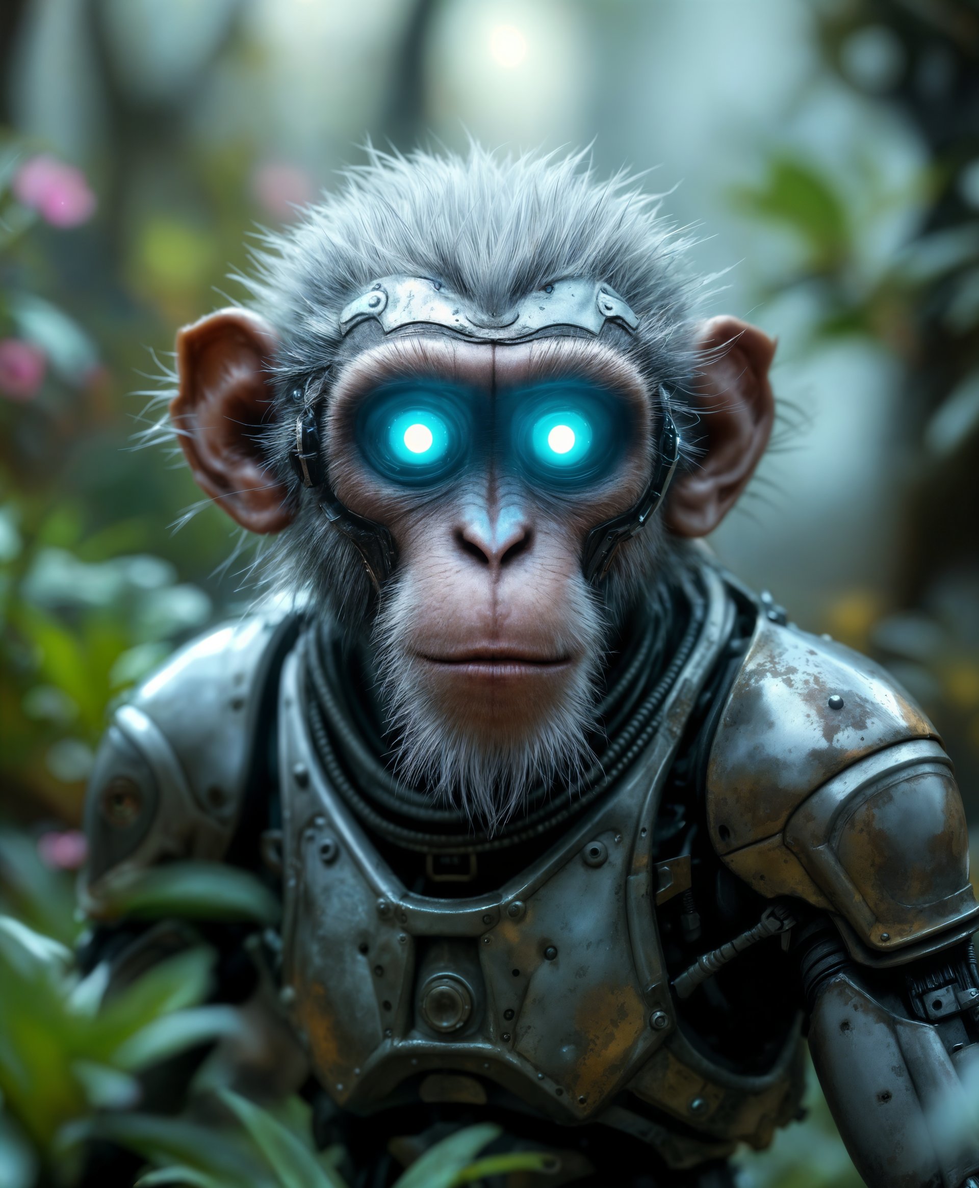 masterpiece, best quality, highres, sharp image, more detail, masterpiece, best quality, highres, sharp image, more detail, A highly detailed **portrait** of a **mecha Monkey**, set against the backdrop of a **futuristic wild**. The scene should capture:

- **Visual Details**: 
  - The mecha Monkey's body is covered in intricately **designed metal plating** with **weathered textures** and **rustic patina**. 
  - Its eyes glow with a **piercing neon blue**, giving it an otherworldly presence. 
  - The fur or hair around its head is **metallic**, resembling **fine, silvery strands** that reflect light in a soft, shimmering manner.
  - The surrounding environment is **overgrown with alien flora**, featuring **bioluminescent plants** casting a gentle, ethereal glow.

- **Style**: 
  - The image should evoke the **cyberpunk aesthetic**, with influences from **concept art** for futuristic mechs, emphasizing **hyper-realistic** details with **futuristic elements**.

- **Composition**: 
  - The mecha Monkey is **centered** in the frame, its **gaze piercing through the viewer**, with **vines and branches framing** its silhouette.
  - The camera angle is **slightly low**, making the subject appear dominant and powerful.

- **Mood and Atmosphere**: 
  - The scene is set at **dusk**, with the **sky a deep indigo** transitioning into **neon hues** from the city in the background.
  - There's a **sense of solitude** and **mystery**, as if the mecha Monkey is the guardian of this forgotten, yet technologically advanced wilderness.

- **Technical Aspects**: 
  - Utilize **bokeh** to blur the background slightly, focusing on the sharp details of the mecha Monkey.
  - **High dynamic range (HDR)** to capture the contrast between the dark forest and the bright highlights on the metal and neon elements.
  - **Chromatic aberration** subtly present to enhance the futuristic vibe.

This prompt creates a cohesive, visually rich scene where the mecha Monkey stands as a sentinel in an advanced, yet wild and untamed environment.