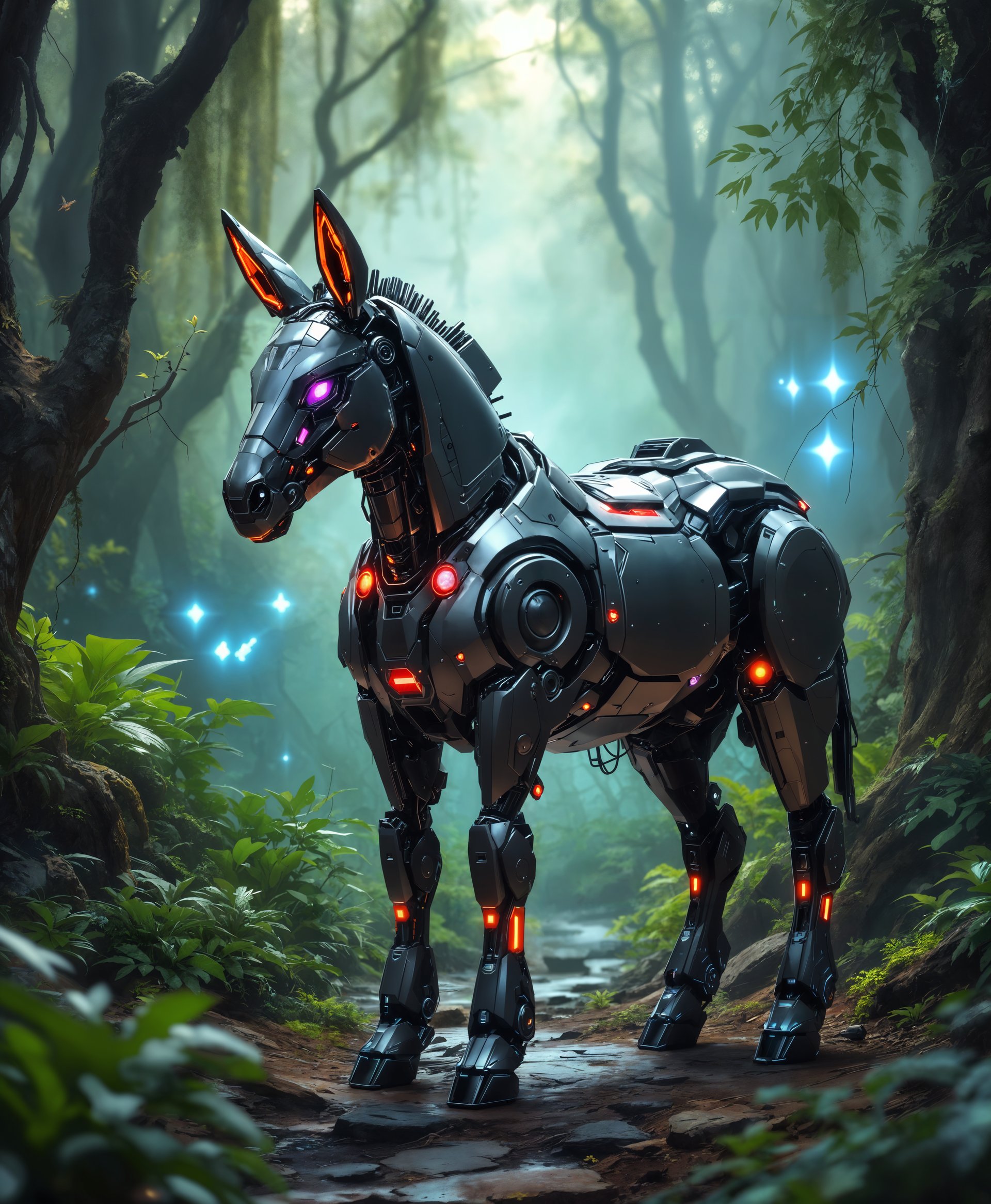 masterpiece, best quality, highres, sharp image, more detail, masterpiece, best quality, highres, sharp image, more detail, **Subject:** A highly detailed portrait of a **mecha Donkey** standing in the **futuristic wild**

**Visual Elements:**
- **Mecha Design:** The donkey is transformed into a sleek, advanced robotic form with intricate mechanical details, vibrant neon accents, and functional parts like pistons, gears, and cooling vents. Its metal body has a polished, metallic sheen with visible hydraulic systems and a futuristic power source.
- **Environment:** Surrounding the mecha Donkey are lush, overgrown forests with bioluminescent flora casting an ethereal glow, creating a stark contrast with the mechanical subject. The ground is covered with a mix of organic and synthetic materials, hinting at a post-apocalyptic, yet thriving, ecosystem.

**Artistic Style:**
- **Cyberpunk Fusion:** The image merges cyberpunk aesthetics with elements of naturalistic painting, reminiscent of the works of artists like H.R. Giger for the mecha design and John James Audubon for the wilderness, but with a futuristic twist.

**Composition:**
- **Framing:** The mecha Donkey is framed centrally, dominating the scene with its imposing presence. The camera angle is slightly low, looking up to emphasize its size and the majesty of the surrounding environment.
- **Depth of Field:** A shallow depth of field focuses on the mecha Donkey, with the background forest slightly blurred to enhance the focus on the subject while still showcasing the intricate details of the landscape.

**Mood and Atmosphere:**
- **Ambiance:** The scene exudes a sense of serene solitude mixed with the underlying tension of a world where technology and nature coexist. The lighting is a mix of natural twilight and artificial neon lights from the mecha, creating a surreal atmosphere.
- **Time of Day:** Late dusk, where the natural light fades, and the artificial lights of the mecha begin to dominate.

**Technical Aspects:**
- **Lighting:** Soft, diffused light with dramatic highlights on the mecha's surfaces to emphasize its form and texture. Use of rim lighting to outline the silhouette against the dark forest.
- **Focus:** Sharp focus on the mecha Donkey's face to capture the intricate details of its eyes and expression, while the rest of the scene has a slightly softer focus to maintain depth.

**Cohesion:** The blend of cyberpunk technology with the organic, untamed wilderness creates a harmonious yet contrasting visual narrative, where the mechanical meets the natural, each enhancing the other's beauty and complexity.