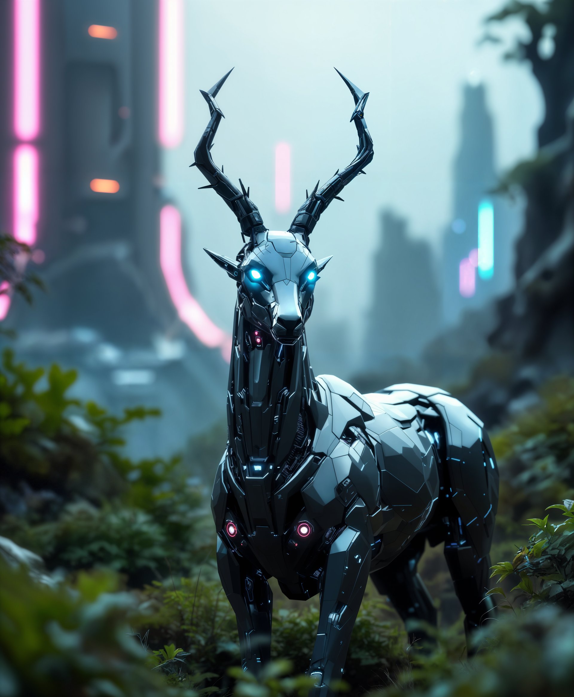 masterpiece, best quality, highres, sharp image, more detail, masterpiece, best quality, highres, sharp image, more detail, **Highly Detailed Mecha Antelope Portrait in Futuristic Wild:**

- **Visual Details:** A sleek, metallic mecha antelope with polished chrome surfaces and intricate mechanical joints. The antelope's eyes glow with a soft, neon blue light. Its body is adorned with geometric patterns that mimic natural camouflage, blending futuristic design with organic form. The fur is replaced by a matte, dark gray plating with iridescent highlights that shimmer under the light.

- **Style:** Cyberpunk art style with elements of hyper-realistic rendering. The image captures the essence of a dystopian future where technology and nature converge, reminiscent of Syd Mead's futuristic designs.

- **Composition:** The mecha antelope is the focal point, positioned in the center of the frame with a slight low-angle shot to emphasize its majestic and imposing presence. The background features a mix of natural and artificial landscapes, with towering, neon-lit structures piercing through overgrown, wild vegetation. 

- **Mood and Atmosphere:** The scene is set at twilight, with a dusky purple sky casting long shadows and illuminating the scene with an ethereal glow. The air has a slight mist, enhancing the mysterious and otherworldly atmosphere. The ambient sound of distant machinery hums in the background, creating an eerie yet captivating environment.

- **Technical Aspects:** Employ a shallow depth of field to isolate the mecha antelope against its complex backdrop, ensuring it stands out. Use HDR techniques to capture the wide range of lighting from the neon city lights to the natural shadows. Incorporate subtle lens flares from the antelope's glowing eyes for added depth and realism.

- **Cohesion:** The mecha antelope's futuristic design integrates seamlessly with the environment, where technology has become part of the ecosystem. The composition, lighting, and mood all work together to portray a harmonious blend of nature and technology, making the scene both believable and intriguing.