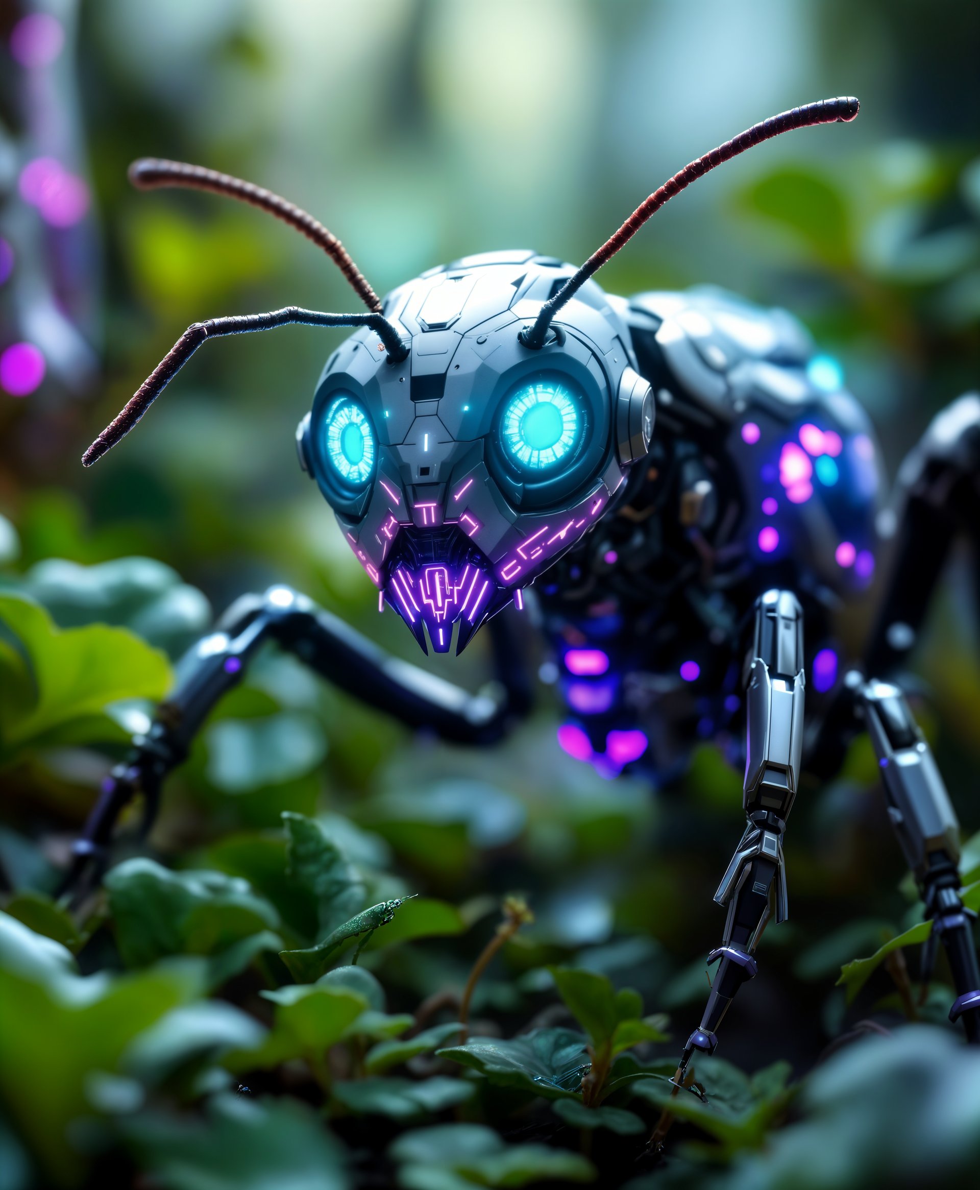 masterpiece, best quality, highres, sharp image, more detail, masterpiece, best quality, highres, sharp image, more detail, Create a highly detailed portrait of a **Mecha Ant** in the **futuristic wild**:

- **Visual Details**: The mecha ant should have a sleek, metallic body with intricate mechanical parts visible through transparent armor. Its eyes glow with a vibrant neon blue, and the body is adorned with futuristic, glowing circuitry patterns in shades of electric purple and neon green. The antennae are replaced with sophisticated sensors, and the mandibles are equipped with high-tech pincers. The background features lush, overgrown vegetation with metallic and crystalline structures embedded within, suggesting a symbiotic relationship between nature and technology.

- **Style**: The image should be rendered in a **cyberpunk** aesthetic, with high contrast, vibrant colors, and a mix of organic and inorganic textures. Use **hyper-realistic** rendering techniques to showcase the detail in both the mecha ant and the surrounding environment.

- **Composition**: Frame the mecha ant in a close-up portrait, with its head and upper body filling most of the frame. The camera should be positioned at eye level with the ant, creating a direct connection with the viewer. The wild should be visible in soft focus in the background, with some elements like vines or small metallic flowers creeping into the foreground to enhance depth.

- **Mood and Atmosphere**: The scene should evoke a sense of **awe and wonder**, with the lighting casting dramatic shadows and highlights on the mecha ant, suggesting an evening or twilight setting where the environment's natural and artificial elements are in harmony. A slight mist or fog could add to the mysterious, otherworldly atmosphere.

- **Technical Aspects**: Employ **bokeh** effects to blur the background slightly, keeping the focus on the mecha ant. Use **shallow depth of field** to emphasize the ant's intricate details. Implement **ray tracing** for realistic lighting and reflections on the metallic parts, and **subsurface scattering** to simulate the organic elements in the background.

- **Cohesion**: Ensure that the futuristic elements blend seamlessly with the wild, creating a believable environment where technology has evolved with nature, not against it. The overall scene should feel like a snapshot from a world where the boundary between the mechanical and the natural has blurred.