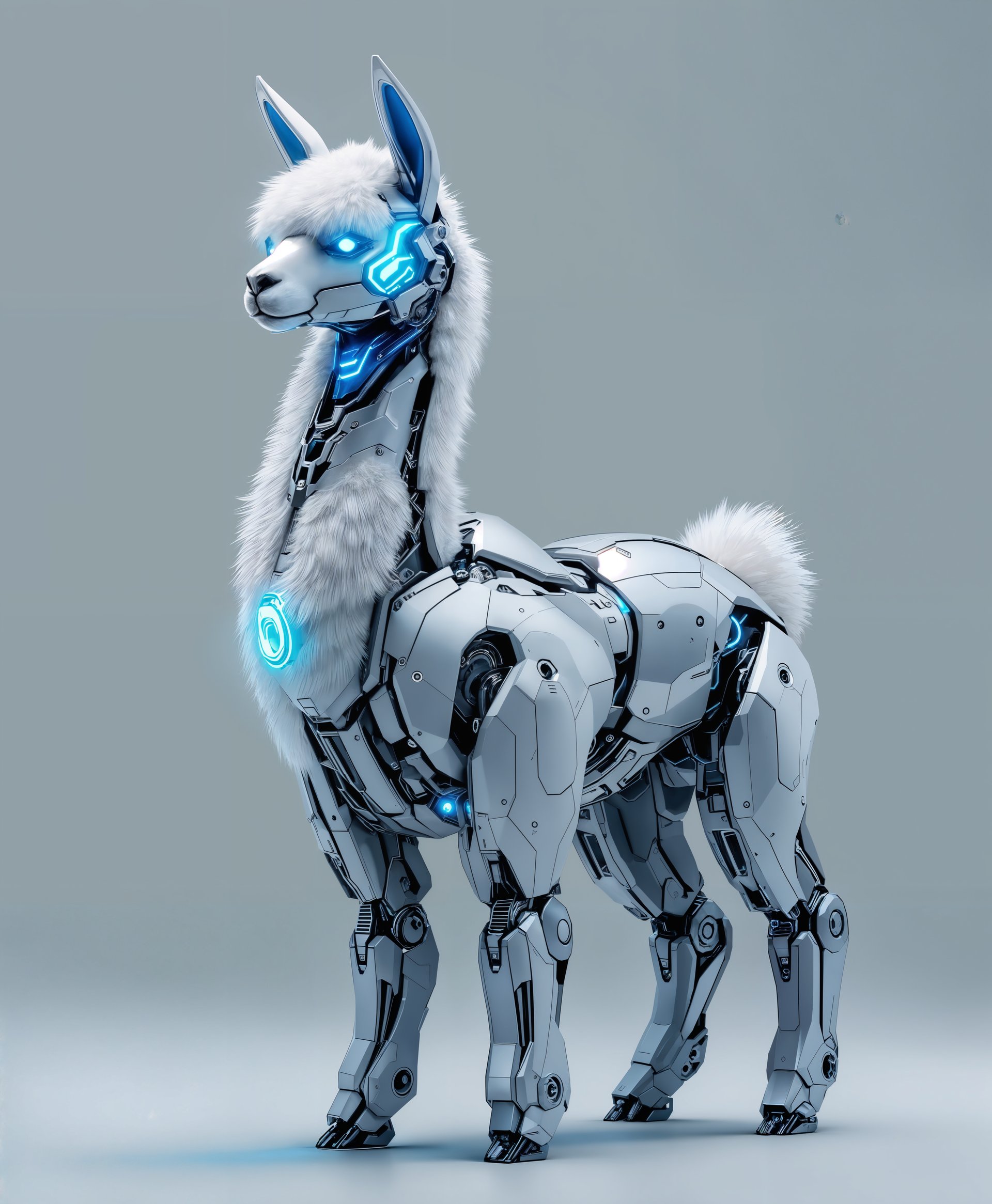 masterpiece, best quality, highres, sharp image, more detail, masterpiece, best quality, highres, sharp image, more detail, **Prompt for AI Image Generation:**

**Subject**: A sleek, futuristic mecha Alpaca, showcasing intricate mechanical details and a harmonious blend of organic alpaca features with advanced robotic elements.

**Visual Details**: 
- **Mecha Features**: The mecha Alpaca has articulated limbs with visible hydraulic pistons and gears, a sleek metal exoskeleton with polished chrome accents, and glowing blue energy lines running along its body. 
- **Organic Elements**: The alpaca's face is partially visible, with soft fur blending into the metal, expressive LED eyes that mimic the gentle gaze of an alpaca, and a mechanical version of the fluffy tail.
- **Colors**: Utilize a palette of metallic blues, silvers, and greys with accents of neon blue and white to highlight technological features.

**Style**: Inspired by cyberpunk aesthetics with influences from artists like Hajime Sorayama, emphasizing clean lines, high contrast, and a blend of organic and inorganic elements.

**Composition**: 
- **Positioning**: The mecha Alpaca is positioned in a dynamic pose, standing amidst futuristic vegetation, with one mechanical hoof slightly raised as if stepping through the wilderness.
- **Camera Angle**: Low angle shot to enhance the imposing nature of the mecha, with a shallow depth of field to blur the background slightly.

**Mood and Atmosphere**: 
- **Setting**: The scene is set in a post-apocalyptic, lush, overgrown landscape with futuristic city ruins peeking through dense foliage.
- **Time of Day**: Twilight, with the setting sun casting long shadows and creating dramatic lighting on the mecha's metallic surfaces.
- **Atmosphere**: A sense of solitude and exploration, with a slight mist in the air, suggesting a world where nature has reclaimed technology.

**Technical Aspects**: 
- **Lighting**: Use of dramatic backlighting and key light to emphasize the texture and details of the mecha. 
- **Focus**: Sharp focus on the mecha Alpaca with a soft background to isolate the subject.
- **Depth of Field**: Medium to shallow to create a sense of depth and scale.

**Cohesion**: The futuristic wild setting, the cyberpunk style, and the detailed portrayal of the mecha Alpaca should all work together to create a believable, immersive scene where technology and nature coexist in a new era.