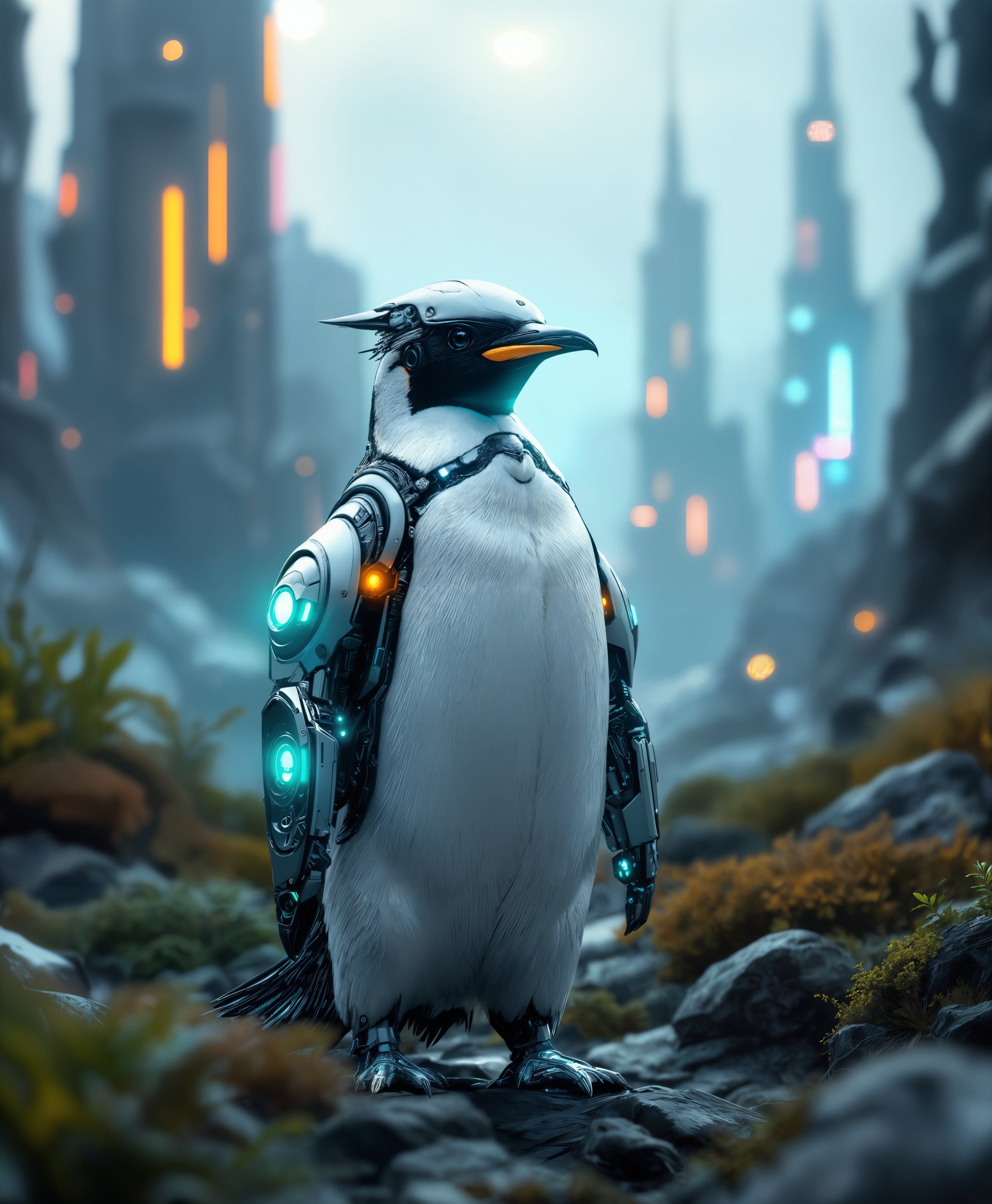 masterpiece, best quality, highres, sharp image, more detail, masterpiece, best quality, highres, sharp image, more detail, A highly detailed digital art portrait of a **mecha King Penguin** standing majestically in the **futuristic wild**. The scene captures the penguin with a sleek, metallic body, showcasing intricate **mechanical details** like gears, pistons, and glowing energy cores integrated into its natural form. The **color palette** blends the natural black, white, and orange of the penguin with cool, futuristic hues of blue, silver, and neon green highlights. 

**Artistic Style**: Cyberpunk, with influences from biomechanical art, emphasizing the fusion of organic life with mechanical elements. 

**Composition**: The mecha penguin is the focal point, positioned in a three-quarter view, with its head slightly tilted to engage with the viewer. The background features a **futuristic landscape** with towering, neon-lit structures in the distance, contrasted by the wild, untamed flora and fauna of an evolved, technologically advanced Earth. 

**Lighting**: A dramatic contrast between the soft, ambient light of the natural setting and the harsh, neon glow from the cityscape, casting sharp, cybernetic shadows across the scene. 

**Mood and Atmosphere**: The image conveys a sense of **mystique and wonder**, highlighting the harmony between technology and nature. The time is dusk, with the sky painted in hues of purple and deep blue, enhancing the surreal atmosphere.

**Technical Aspects**: Utilize **depth of field** to focus on the mecha penguin while slightly blurring the background details, creating a sense of depth. Employ **HDR rendering** to ensure vibrant colors and details are preserved in both the bright and dark areas of the scene. 

**Visual Details**: The feathers of the penguin are meticulously rendered to look like tiny, overlapping metal plates, with steam or light energy effects emanating from various mechanical parts, giving it a lifelike appearance in motion.