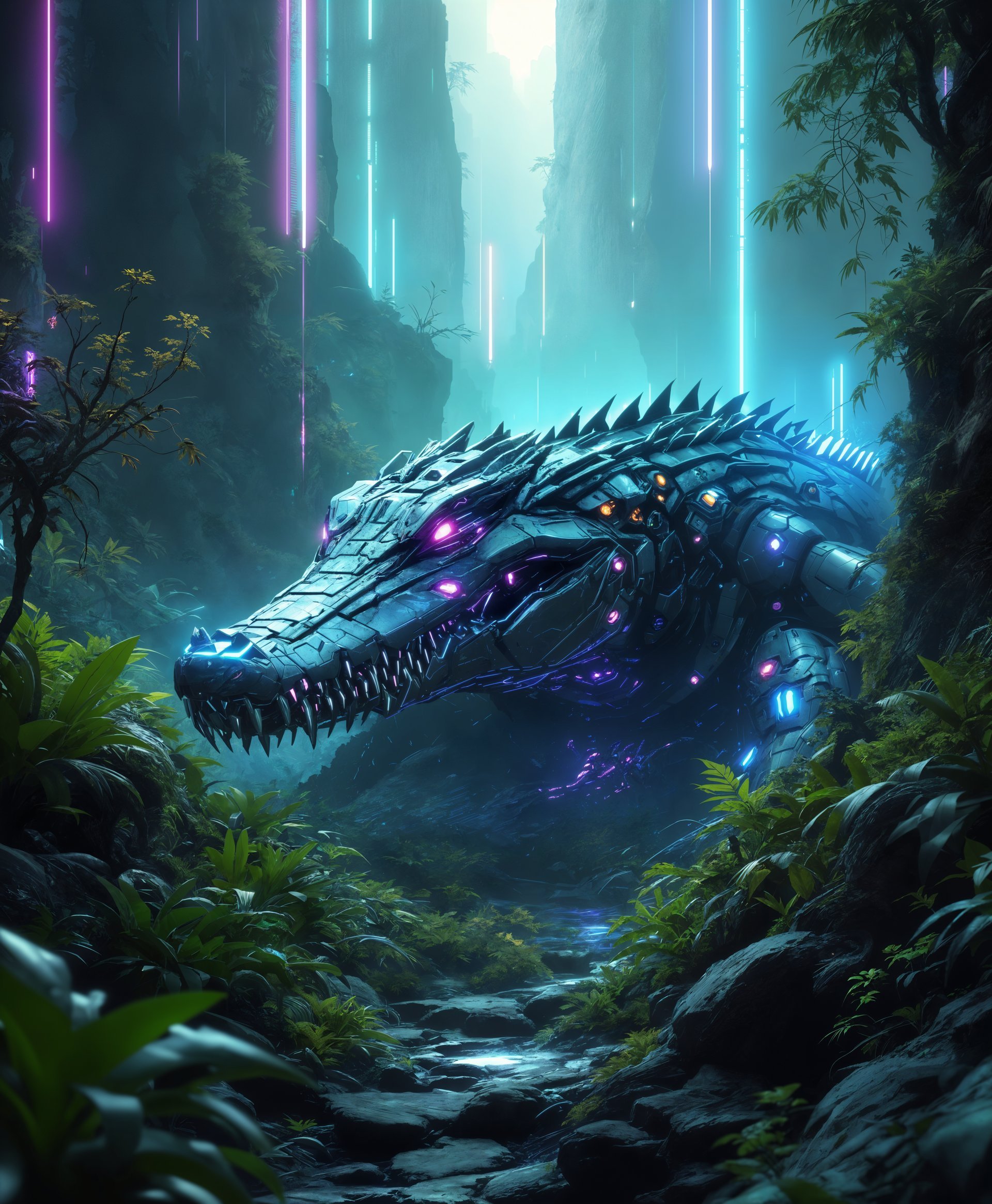 masterpiece, best quality, highres, sharp image, more detail, masterpiece, best quality, highres, sharp image, more detail, ```plaintext
Create a highly detailed portrait of a **mecha alligator** in the **futuristic wild**:

- **Subject**: A massive, metallic alligator with intricate mechanical parts, sleek curves, and sharp, metallic teeth. Its armor plating should reflect a futuristic design with embedded lights and holographic displays, showcasing advanced technology.
  
- **Environment**: Place the mecha alligator amidst a vibrant, lush alien jungle with towering, bioluminescent plants. The landscape should be a mix of organic and synthetic elements, with futuristic ruins partially covered by flora, creating an atmosphere of a world long after human presence.

- **Lighting**: Utilize dramatic lighting with rays of neon-colored light piercing through the dense foliage, highlighting the textures of both the mecha alligator and the surroundings. The scene should have a twilight or early night ambiance with a mix of natural and artificial light sources.

- **Color Palette**: Use a palette that blends cool blues and greens of the jungle with vibrant neon accents from the mecha's lights. Add in splashes of warm colors to simulate the setting sun or artificial lights from the ruins.

- **Artistic Style**: Mimic the style of cyberpunk art with influences from Syd Mead's futuristic designs, incorporating elements of Japanese mecha anime for the alligator's aesthetics. 

- **Composition**: Capture the mecha alligator in a low-angle shot, making it appear imposing and dominant within its environment. Position it so that its body forms a dynamic curve, enhancing its mechanical nature while the jungle frames it, leading the viewer's eye towards the subject.

- **Mood and Atmosphere**: Aim for an atmosphere of awe, mystery, and a touch of danger. The scene should evoke a sense of an ancient, yet futuristic wilderness, where technology and nature have merged into a new, untamed ecosystem.

- **Technical Aspects**: Employ techniques like depth of field to focus on the mecha alligator while allowing the background to blur, enhancing the sense of depth. Use motion blur on some foliage to suggest a slight breeze, adding dynamism to the scene. Incorporate lens flare for the neon lights to add to the cyberpunk aesthetic.

- **Cohesion**: Ensure the alligator's design harmonizes with the futuristic setting, creating a believable scenario where such a creature could exist in this post-human world.
```