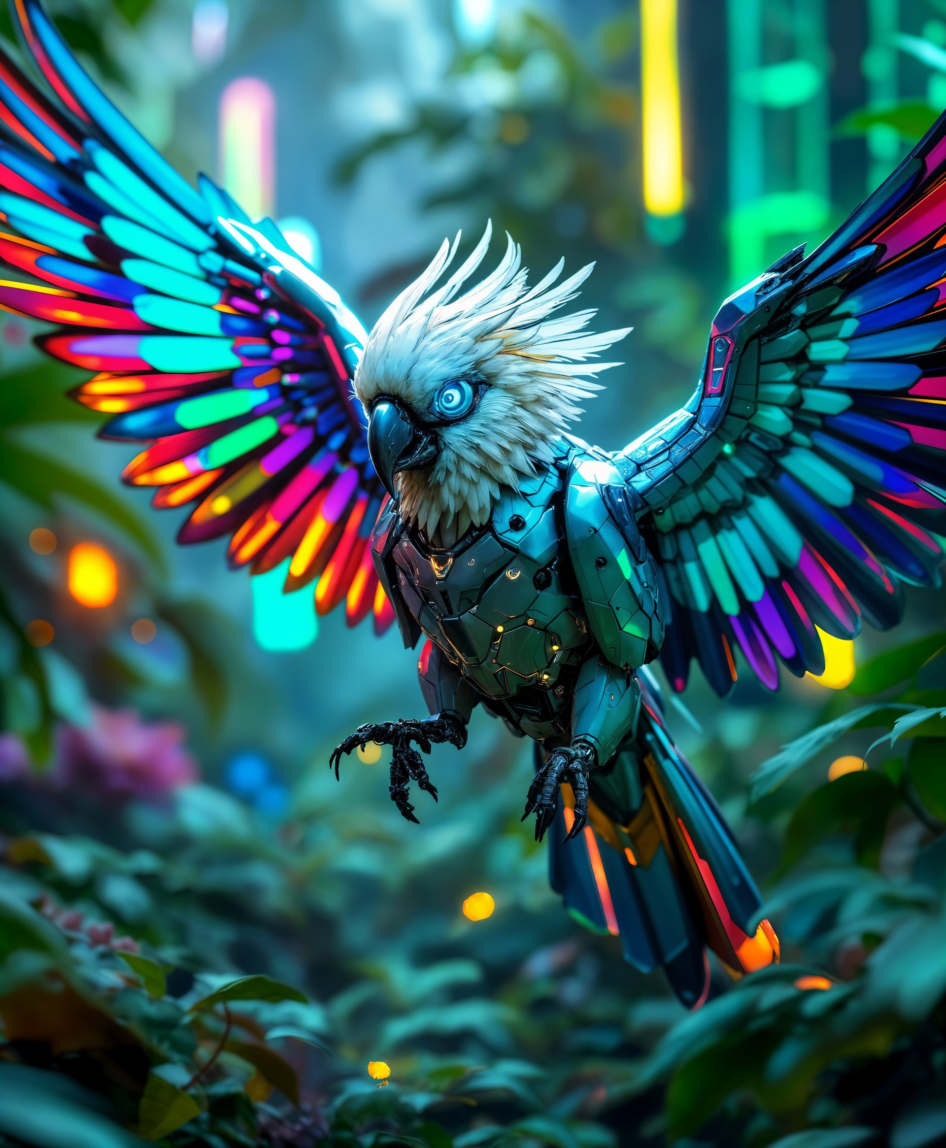 masterpiece, best quality, highres, sharp image, more detail, masterpiece, best quality, highres, sharp image, more detail, A highly detailed portrait of a **mecha Cockatoo** in flight through a **futuristic wild landscape**. The Cockatoo's **metallic feathers** glisten with **iridescent colors**, reflecting the **vibrant, neon-lit environment**. Its eyes are **intense, glowing with a soft blue light**, and its beak is **sleek, made of polished steel**. The **background** features **dense, lush vegetation** with **glowing flora** and **futuristic structures** subtly integrated into the scene, creating an **otherworldly ambiance**. 

- **Artistic Style:** Cyberpunk, with influences from biomechanical art, showcasing a blend of organic and mechanical elements.
- **Lighting:** The scene is lit with a **dynamic interplay of artificial light sources**; the sky is painted with **vivid hues of sunset**, casting long, **dramatic shadows** across the landscape.
- **Composition:** The mecha Cockatoo is **centered** in the frame, its wings spread wide, dominating the view. The camera angle is **slightly from below**, emphasizing its majesty and power, with the **depth of field** focusing sharply on the bird while the background is slightly blurred.
- **Mood:** The atmosphere is **mysterious and awe-inspiring**, evoking a sense of **adventure and the unknown**, with the **silence of the wild** broken only by the **hum of machinery**.
- **Technical Aspects:** The image employs **bokeh effects** to enhance the focus on the subject, with **high dynamic range (HDR)** to capture the contrast between the bright lights and dark shadows, and **hyper-detailed textures** on the mecha elements.