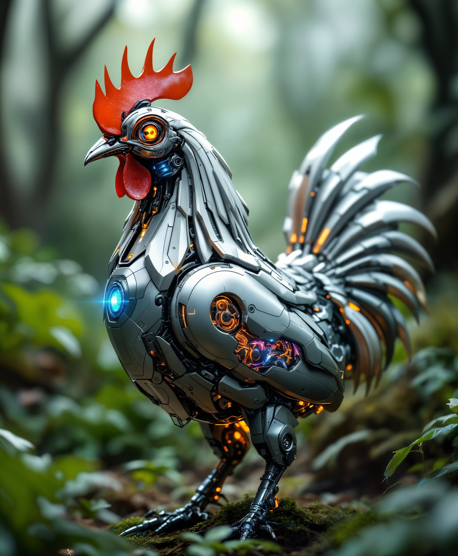 masterpiece, best quality, highres, sharp image, more detail, masterpiece, best quality, highres, sharp image, more detail, Create a highly detailed portrait of a **mecha Cock** in a **futuristic wild** environment:

- **Subject**: A sleek, advanced robotic chicken with metallic feathers, glowing eyes, and intricate mechanical parts visible through transparent sections. Its body should reflect high-tech engineering with a blend of organic and inorganic materials, showcasing a blend of nature and technology.

- **Visual Details**: 
  - **Texture**: Incorporate a mix of polished metal surfaces, reflective materials, and organic textures like simulated feathers or foliage integration. 
  - **Color Palette**: Use a futuristic palette with metallic tones like silver, gunmetal, bronze, and iridescent colors to mimic the natural sheen of a chicken's feathers. Include neon accents for a high-tech feel.
  - **Lighting**: Emphasize dramatic lighting with a focus on highlighting the mechanical parts, casting sharp shadows to enhance the depth and realism. 

- **Style**: Aim for a **Cyberpunk** aesthetic, blending elements of sci-fi with a gritty, urban feel. The artwork should evoke the spirit of artists like **Beeple** or **Katsuhira Tokushi**.

- **Composition**: 
  - **Framing**: Use a medium close-up shot that captures the head and upper body of the mecha Cock, with the background slightly blurred to emphasize the subject.
  - **Positioning**: The mecha Cock should be positioned in a dynamic pose, perhaps mid-stride or turning its head, showcasing its agility and the intricate mechanisms at work.
  - **Camera Angle**: A low angle shot to make the mecha Cock appear imposing and majestic, with the environment framing it.

- **Mood and Atmosphere**: 
  - **Setting**: The wild should be futuristic, with overgrown ruins, holographic plants, and neon-lit flora. 
  - **Time of Day**: Twilight, with the sky painted in hues of purple, pink, and electric blue, reflecting the advanced technology of this world.
  - **Atmosphere**: A sense of mystery and awe, with the air filled with a soft, ambient glow from the surrounding environment.

- **Technical Aspects**: 
  - **Depth of Field**: Use a shallow depth of field to focus on the mecha Cock, with the background elements becoming increasingly abstract.
  - **Lighting Techniques**: Employ rim lighting to separate the subject from the background, and use lens flares to add to the futuristic feel.

This portrait should capture the essence of a futuristic, high-tech world where nature and technology coexist, creating a scene that