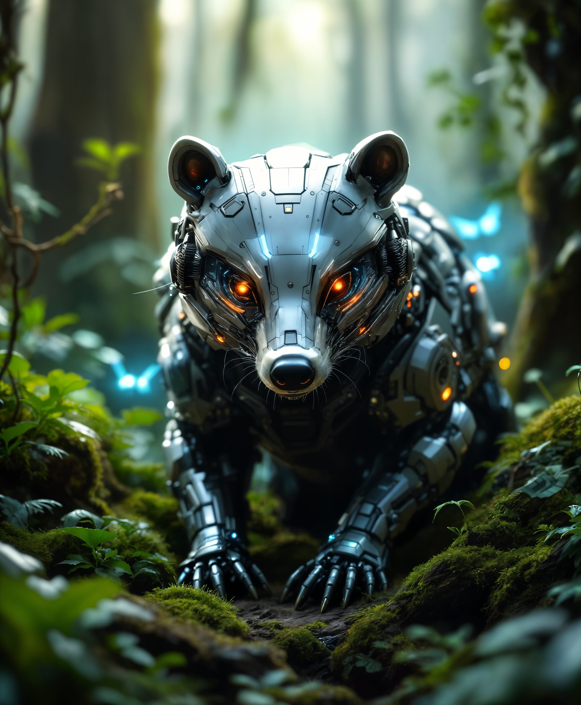 masterpiece, best quality, highres, sharp image, more detail, masterpiece, best quality, highres, sharp image, more detail, A hyper-realistic, detailed portrait of a **Mecha Badger** in a **futuristic wild** setting:

- **Subject**: The Badger, with sleek, metallic fur mimicking the natural textures of a real badger, featuring intricate mechanical details like gears, pistons, and glowing energy cores. Its eyes are sharp, with a reflective surface, possibly showing data streams or HUD elements.

- **Environment**: Surrounding the Mecha Badger is an overgrown forest, where futuristic technology has intertwined with nature. Vines and moss cover parts of the machinery scattered around, with holographic plants and cybernetic animals lurking in the background.

- **Artistic Style**: Employing a **Cyberpunk** aesthetic with elements of **Biopunk**, capturing the essence of a world where technology has advanced to integrate with nature in an almost symbiotic relationship. The style should evoke a sense of awe, wonder, and slight unease.

- **Lighting**: The scene is bathed in the soft glow of bioluminescent flora and neon lights, casting dramatic shadows and highlights on the Mecha Badger's metallic form, enhancing its mechanical features.

- **Mood and Atmosphere**: The atmosphere is **mysterious** yet **serene**, with a touch of **melancholy**. The time of day is twilight, with the last rays of the sun filtering through the dense canopy, mixing with artificial light sources.

- **Composition**: The Mecha Badger is positioned centrally, looking directly at the viewer, with its mechanical parts partially hidden by the undergrowth, creating an effect of discovery. The camera angle is low, almost at ground level, to emphasize the imposing nature of the subject.

- **Technical Aspects**: Use **Depth of Field** to focus on the Mecha Badger, with the background slightly blurred to emphasize the subject. Employ **High Dynamic Range** (HDR) imaging techniques to capture the wide range of lighting conditions, ensuring detail in both shadows and highlights.

- **Cohesion**: The image should blend the organic with the mechanical seamlessly, creating a believable ecosystem where technology and nature coexist, telling a story of evolution in a post-apocalyptic or advanced future setting.