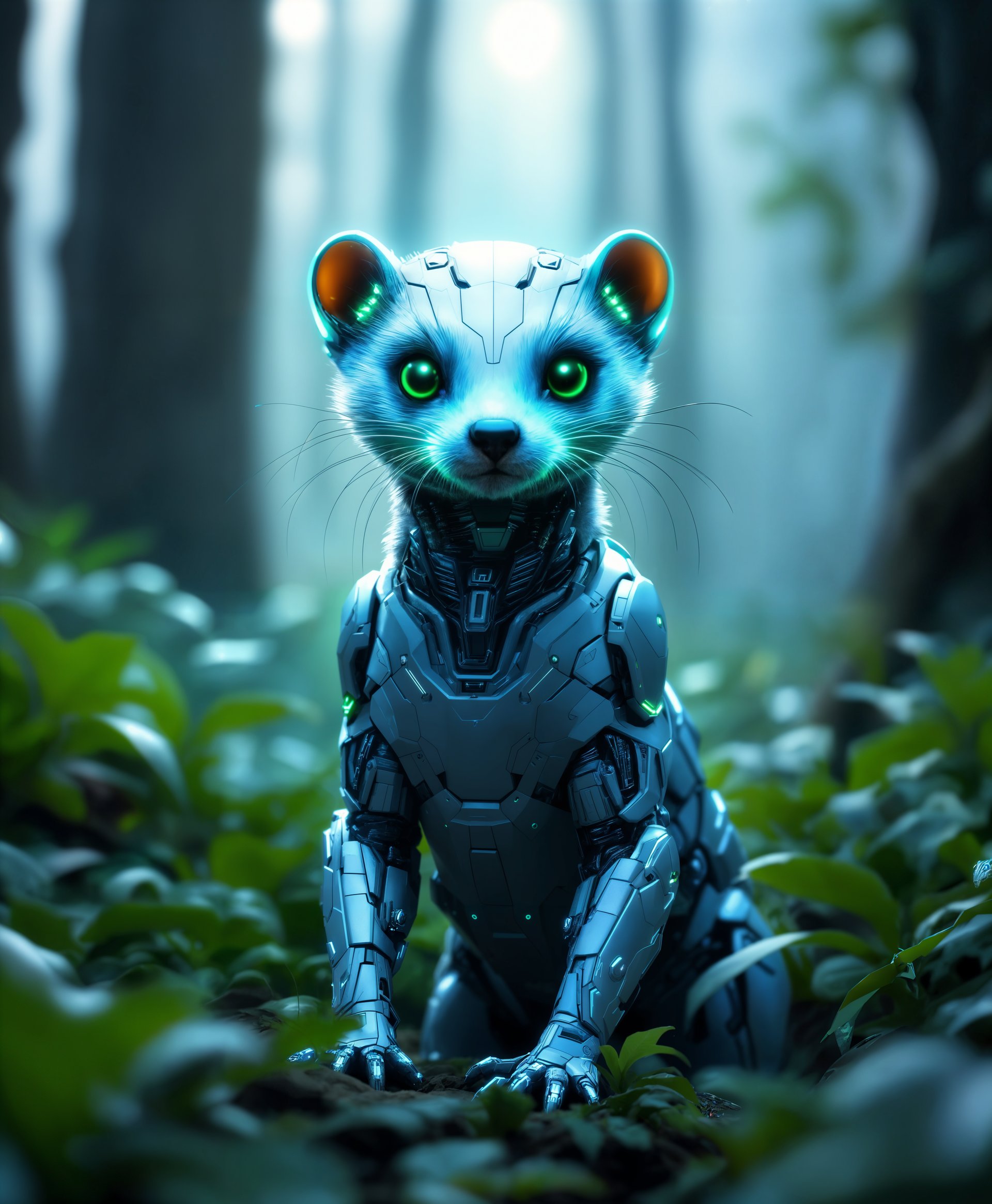 masterpiece, best quality, highres, sharp image, more detail, masterpiece, best quality, highres, sharp image, more detail, A highly detailed portrait of a mecha Weasel, standing majestically in the futuristic wild. The mecha design is sleek and advanced, with a metallic silver and blue color palette, accented by neon green lighting along its joints and eyes, casting a futuristic glow. **Visual Details:** The mecha's fur is rendered with a fine texture that mimics the natural appearance of a weasel, with mechanical components intricately woven into its body to maintain its animalistic form. Its eyes are sharp, with a piercing gaze, reflecting the dense, neon-lit foliage of the surrounding wild. **Style:** The image should capture the essence of cyberpunk art, with influences from modern anime and sci-fi film aesthetics, focusing on high contrast, vibrant colors, and detailed machinery. **Composition:** The mecha Weasel is framed in a low-angle shot, looking directly at the viewer, with its body slightly turned to showcase its mechanical prowess. The background consists of towering, futuristic trees and bioluminescent plants that emit a soft, eerie light, creating depth and enhancing the subject's prominence. **Mood and Atmosphere:** The mood is one of awe and slight intimidation, set in the twilight hour where the sky is a deep indigo, with stars beginning to twinkle, and the air has a cool, crisp quality. **Technical Aspects:** Use a shallow depth of field to focus on the mecha Weasel, with a macro lens to capture the intricate details of its mechanical parts and the texture of its faux fur. Employ HDRI lighting to balance the neon glow with the natural light of the environment, ensuring the scene feels both real and fantastical. **Cohesion:** All elements from the mecha design to the environment are seamlessly integrated, telling a story of a world where nature and technology coexist in a harmonious, yet wild, futuristic ecosystem.