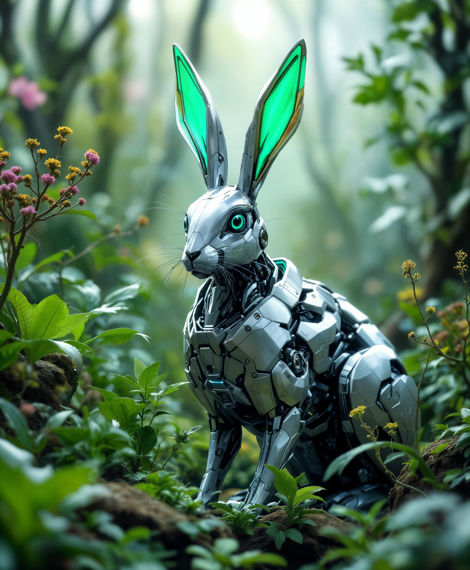 masterpiece, best quality, highres, sharp image, more detail, masterpiece, best quality, highres, sharp image, more detail, **Subject**: A highly detailed mecha Hares, intricately designed with sleek metallic surfaces reflecting the surrounding environment. 

**Setting**: In the futuristic wild, where nature has merged with technology; vegetation intertwined with mechanical elements, creating a biomechanical landscape.

**Visual Details**: 
- **Colors**: Utilize a palette of metallic grays, cool blues, and vibrant neon greens to highlight the contrast between the organic and synthetic elements.
- **Lighting**: Soft, diffused light filtering through the mechanical flora, casting intricate shadows that emphasize the Hares' contours.
- **Textures**: Smooth, polished metal juxtaposed with the rough, organic textures of wild, untamed vegetation.

**Style**: 
- **Artistic Influence**: Inspired by the art of Syd Mead for futuristic design, and the detailed botanical illustrations of Maria Sibylla Merian, blending the organic with the mechanical.

**Composition**: 
- **Subject Positioning**: The mecha Hares is positioned centrally, its head slightly turned to engage the viewer, with its surroundings framing it like a natural window.
- **Camera Angle**: Low angle shot to emphasize the Hares' imposing stature, creating a sense of awe and respect for this futuristic creature.

**Mood and Atmosphere**: 
- **Feeling**: Awe-inspiring, serene yet with an underlying sense of danger inherent to the untamed wild.
- **Time of Day**: Dusk, where the last rays of sunlight blend with the artificial glow from the mecha components, creating a surreal, otherworldly atmosphere.
- **Weather**: A light mist or fog, enhancing the mystery and the dream-like quality of the scene.

**Technical Aspects**: 
- **Depth of Field**: Shallow depth of field, focusing sharply on the Hares while the background blurs, drawing attention to the intricate details of the mecha design.
- **Lens Flare**: Subtle lens flares from the light sources to give a cinematic feel, enhancing the futuristic setting.

**Cohesion**: The integration of technology with nature creates a harmonious yet unsettling scene, where the mecha Hares seems both a part of and at odds with its environment, reflecting themes of evolution, adaptation, and the blurring lines between the artificial and the natural.