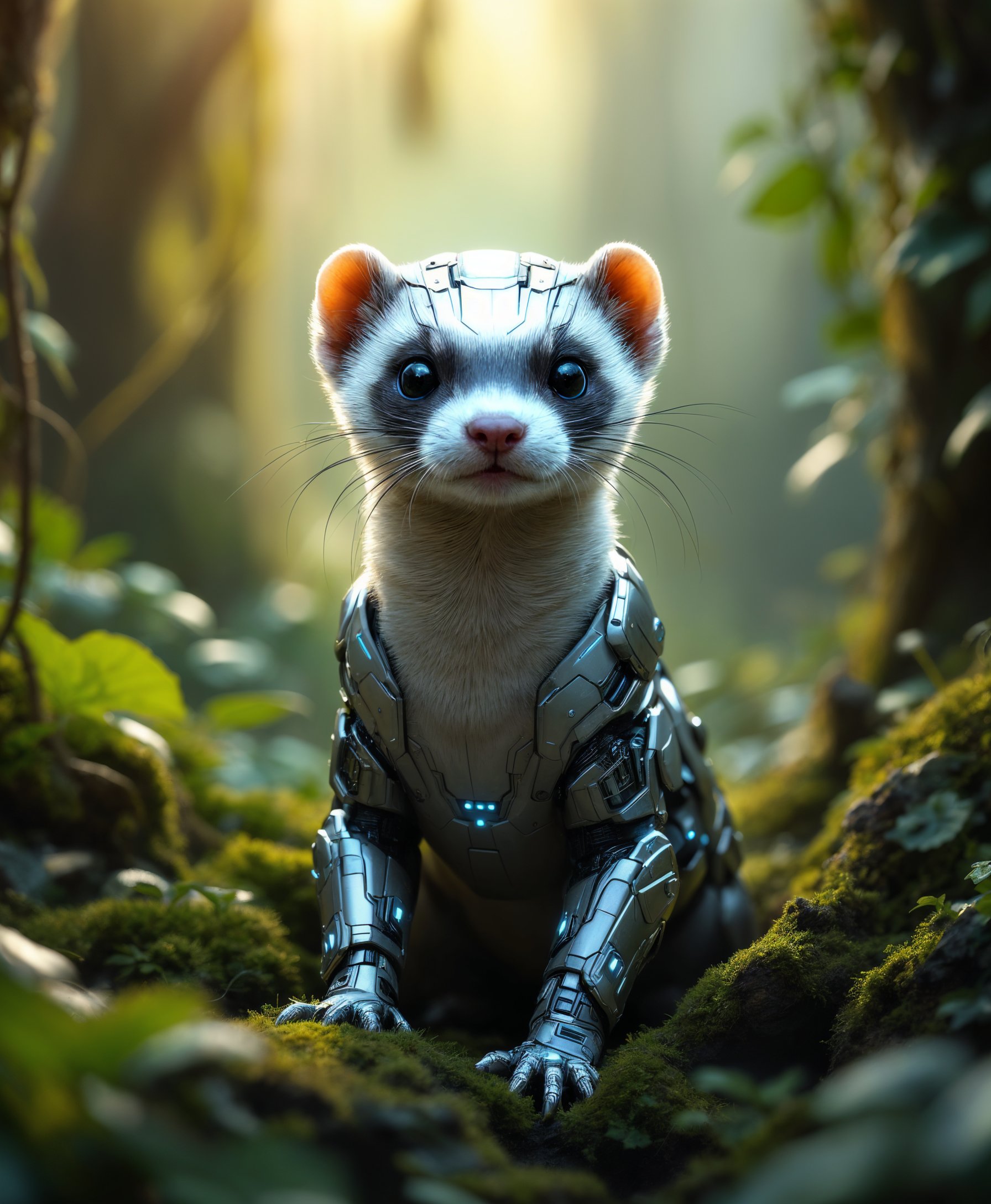 masterpiece, best quality, highres, sharp image, more detail, **Prompt:**

A highly detailed, photorealistic portrait of a mecha ferret set in a futuristic wild landscape:

- **Subject:** A sleek, metallic ferret with intricate mechanical enhancements, showcasing a fusion of organic and cybernetic elements. Its fur is replaced by smooth, reflective metal plates with visible circuitry and glowing blue accents that illuminate its face and limbs.

- **Setting:** The ferret is positioned in a dense, overgrown forest where nature has reclaimed the remnants of advanced technology. Vines and moss cover partially submerged futuristic ruins, hinting at a world where technology and nature coexist.

- **Lighting:** Soft, dappled sunlight filters through the canopy, casting dynamic shadows and highlights that accentuate the mecha ferret's reflective surfaces. The ambient light has a golden hue, suggesting late afternoon.

- **Composition:** The ferret is framed centrally, with its head turned slightly to look directly at the viewer, creating an engaging and intimate connection. The background features layers of foliage and ruins, providing depth and context. The camera angle is at eye level with the ferret, emphasizing its presence and scale within the environment.

- **Mood and Atmosphere:** A serene yet mysterious ambiance pervades the scene, with the quiet hum of technology contrasting with the natural sounds of the forest. The atmosphere suggests a post-apocalyptic or post-human world where nature and technology have reached a new equilibrium.

- **Style:** Inspired by the cyberpunk aesthetic but with a naturalistic twist, reminiscent of concept art for futuristic wildlife documentaries. The image should evoke the detailed work of artists like Syd Mead or the atmospheric compositions of concept artists like Jakub Rozalski.

- **Technical Aspects:** Use depth of field to blur the background slightly, focusing on the mecha ferret. Employ techniques like HDR to capture the range of light and shadow, ensuring the metallic surfaces reflect light realistically. Incorporate motion blur to show the ferret's movement or the slight sway of the foliage.

- **Visual Details:** 
    - The ferret's eyes glow with a soft blue light, hinting at advanced AI or sensory technology.
    - Its limbs are articulated with visible mechanical joints, allowing for lifelike movement.
    - The surrounding vegetation has a slight luminescent quality, as if influenced by the technology around it.
    - Small, delicate insects or animals adapted to this environment interact with the mecha ferret, illustrating the symbiotic relationship between nature and technology.

This prompt should guide the creation of an image that captures the essence of a mecha ferret thriving in a future where