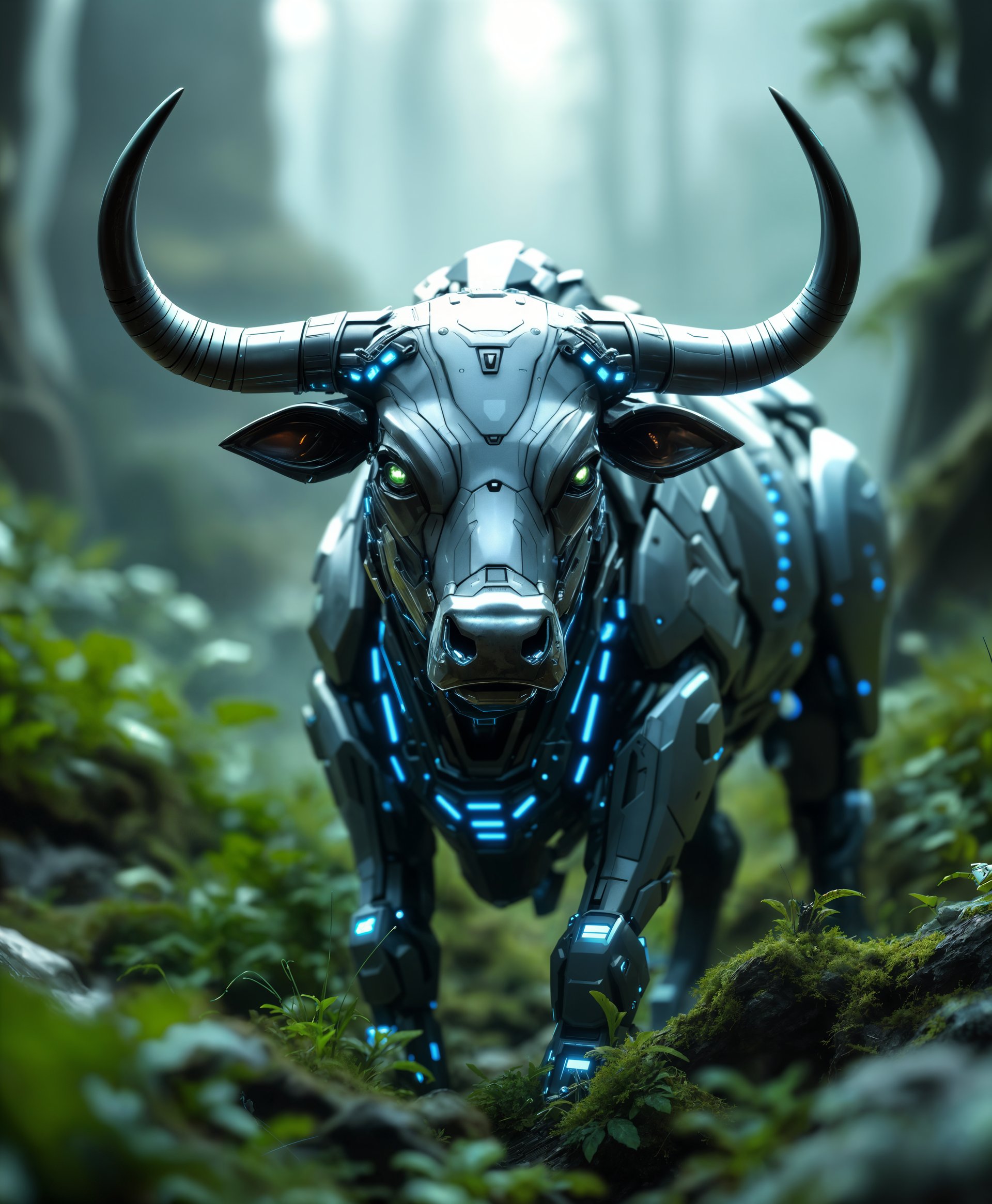 masterpiece, best quality, highres, sharp image, more detail, masterpiece, best quality, highres, sharp image, more detail, Create a highly detailed portrait of a **mecha Ox** in the **futuristic wild**:

- **Visual Details**: The mecha Ox should have sleek metallic textures with accents of neon blue and green lights, suggesting advanced technology. Its body should be adorned with intricate, interlocking mechanical parts, giving a sense of both strength and agility. The fur or hide should appear as if it's been replaced with a durable, futuristic alloy, with a matte finish to contrast the vibrant energy conduits running through its body. 

- **Artistic Style**: Emulate the visual language of cyberpunk, with elements reminiscent of Syd Mead's industrial futurism, focusing on a blend of organic and mechanical forms. Use hyper-realistic rendering to capture the intricate details of the mecha Ox's design.

- **Composition**: Position the mecha Ox slightly off-center, looking towards the camera with a sense of curiosity or alertness. The background should be a lush, overgrown futuristic landscape with remnants of advanced technology, partially reclaimed by nature. Use a low angle shot to emphasize the Ox's imposing presence, with the horizon line cutting through the middle third of the image.

- **Mood and Atmosphere**: The scene should evoke a sense of awe and wonder, with a touch of melancholy for a world where nature and technology coexist. The lighting should be a mix of natural daylight filtering through a post-apocalyptic sky, casting long shadows, and the artificial glow from the mecha Ox's internal systems.

- **Technical Aspects**: Utilize depth of field to blur the background, keeping the focus sharply on the mecha Ox. Employ HDR techniques to capture the dynamic range of lighting, from the harsh sunlight to the soft glow of the mecha's internal lighting. Use a wide aperture to create a shallow depth of field, enhancing the subject's prominence against the detailed, yet out-of-focus, environment.

- **Cohesion**: Ensure the mecha Ox looks like it naturally belongs in this setting, with elements of its design reflecting the environment, such as camouflage patterns or foliage-like protrusions, creating a seamless integration of the organic and the mechanical.