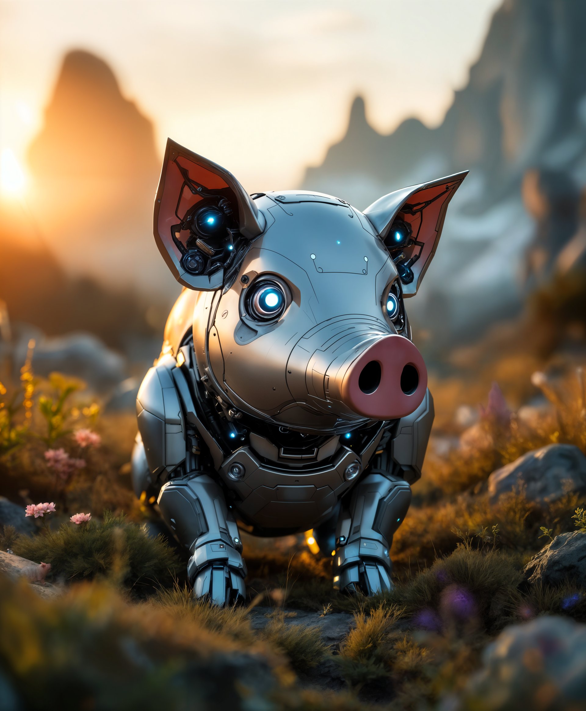 masterpiece, best quality, highres, sharp image, more detail, masterpiece, best quality, highres, sharp image, more detail, In a **futuristic wild landscape** at **golden hour**, create a **hyper-realistic portrait** of a **mecha Pig**:

- **Subject**: The mecha Pig, an advanced robotic entity with the appearance of a pig, boasts a **sleek metallic exterior** with **intricate mechanical components** visible through transparent plating. Its **eyes glow with a soft blue light**, and its **snout and ears** are **mechanized with fine detailing**.

- **Environment**: Surround the mecha Pig with a **vast, untamed wilderness** where **futuristic flora** with **glowing, neon accents** contrasts with the **natural elements**. The landscape should feature **futuristic ruins** partially reclaimed by nature, suggesting a **post-apocalyptic** yet **regenerative world**.

- **Visual Elements**: 
  - **Texture**: The mecha Pig's body has a **reflective, brushed metal finish** with **weathering effects** showing signs of its adventures. 
  - **Lighting**: The scene is bathed in **soft, diffused light** from a setting sun, with **light rays** filtering through the **futuristic plant life** to create a **mystical atmosphere**.
  - **Colors**: Use a palette of **muted earth tones** for the natural environment, with **vibrant neon colors** highlighting the futuristic elements.

- **Composition**: 
  - **Framing**: Utilize **Dutch angle framing** to convey dynamism and the unconventional nature of the scene. 
  - **Depth of Field**: Employ a **shallow depth of field** to focus on the mecha Pig, with the background slightly blurred to emphasize the subject.

- **Mood and Atmosphere**: 
  - **Emotion**: Convey a sense of **loneliness** and **adventure**, with the mecha Pig as a **solitary figure** in a **vast, mysterious world**.
  - **Time**: Capture the moment when the **sun is setting**, casting long shadows and creating a **dramatic silhouette** against the horizon.

- **Technical Aspects**: 
  - **Lens**: Use a **soft focus lens** to enhance the dreamlike quality of the scene, with **bokeh** from the futuristic plants in the background.
  - **Artistic Style**: Draw inspiration from **cyberpunk** aesthetics, combined with **realistic rendering techniques** to achieve a **hyper-detailed** look, akin to **digital matte painting**.

This portrait should evoke a sense