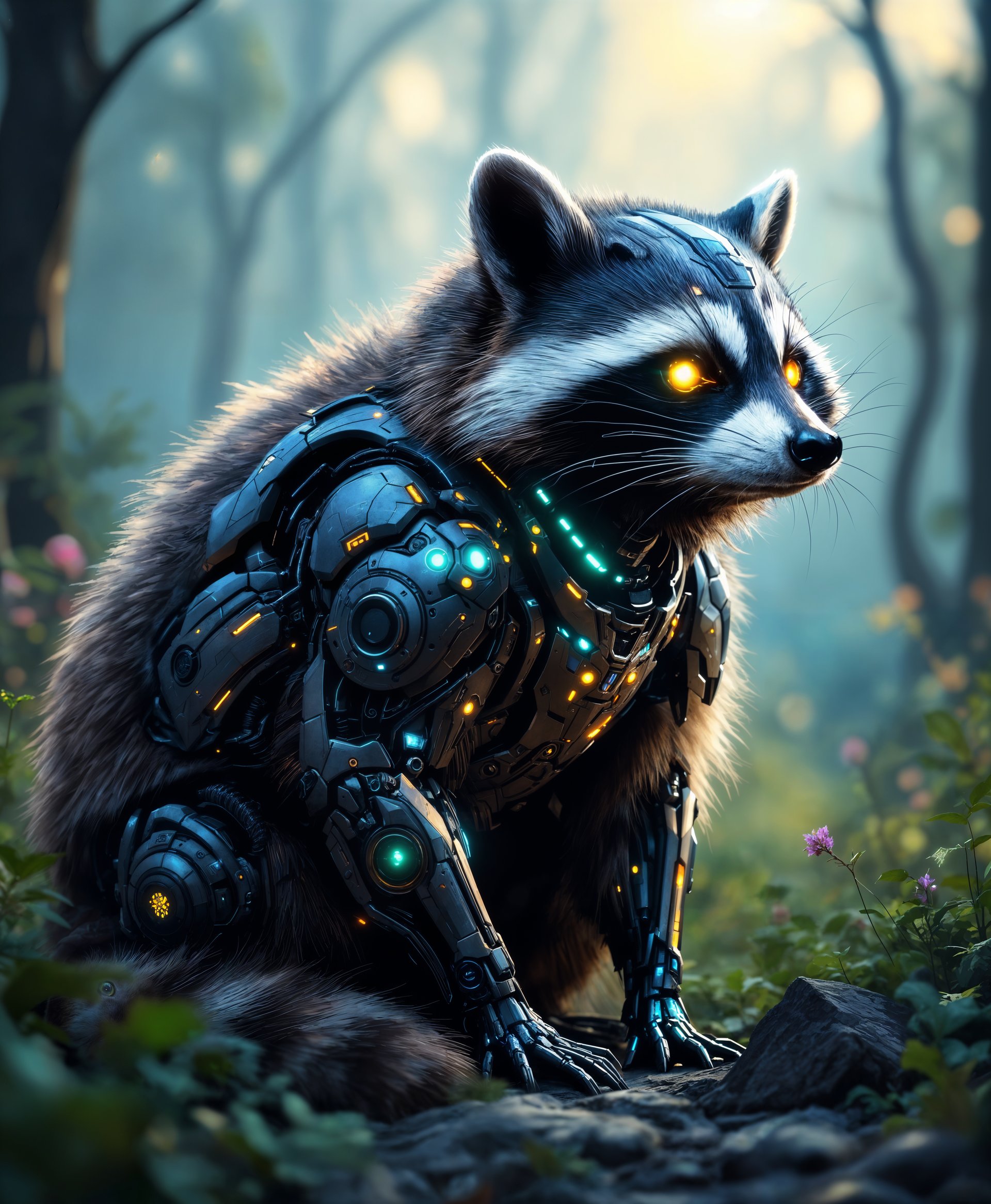 masterpiece, best quality, highres, sharp image, more detail, masterpiece, best quality, highres, sharp image, more detail, Create a highly detailed portrait of a **Mecha Raccoon** in a **futuristic wild** setting:

- **Subject**: A raccoon whose fur has been transformed into a sleek, metallic exoskeleton, with visible mechanical parts like gears, pistons, and glowing energy conduits. Its eyes are luminous, reflecting an artificial intelligence, with intricate engravings on its metal surfaces suggesting advanced technology.

- **Setting**: The mecha raccoon stands amidst a **futuristic wilderness** where nature has adapted to technological advancements. The flora around is bioengineered with glowing elements, and the fauna includes robotic or cybernetic enhancements. The background features towering, luminescent trees with circuitry patterns on their bark, and the sky has an ethereal, slightly holographic quality.

- **Visual Style**: Adopt a **cyberpunk** aesthetic with a touch of **steampunk** for the mecha elements. Use a **hyper-realistic** rendering technique to capture the intricate details of both the mecha raccoon and its environment. The image should have a **high contrast** lighting with **neon accents** to emphasize the futuristic elements.

- **Composition**: Position the mecha raccoon slightly off-center, using the **rule of thirds** for a dynamic composition. The camera angle should be low, looking up at the mecha raccoon to convey its dominance in this futuristic ecosystem. The focus should be sharp on the raccoon, with the background slightly blurred to highlight the subject.

- **Mood and Atmosphere**: The scene should exude a sense of **mysterious adventure** and **technological marvel**. The atmosphere is filled with a soft, diffused light that casts long shadows, suggesting the time is twilight in this advanced world. There's a subtle feeling of **nostalgia** for the natural world, now intertwined with technology.

- **Technical Aspects**: Utilize **bokeh** effect for the background to separate the subject. Employ **HDR** techniques to capture the wide range of lighting from the neon to the natural. The image should mimic **3D rendering** with **ray tracing** to capture the metallic reflections and refractions accurately.

- **Cohesion**: All elements should blend seamlessly, creating a world where technology has evolved with nature, making the mecha raccoon not just a visitor but an integral part of this futuristic ecosystem. The scene should feel like a snapshot from a distant future where technology and wildlife coexist harmoniously.