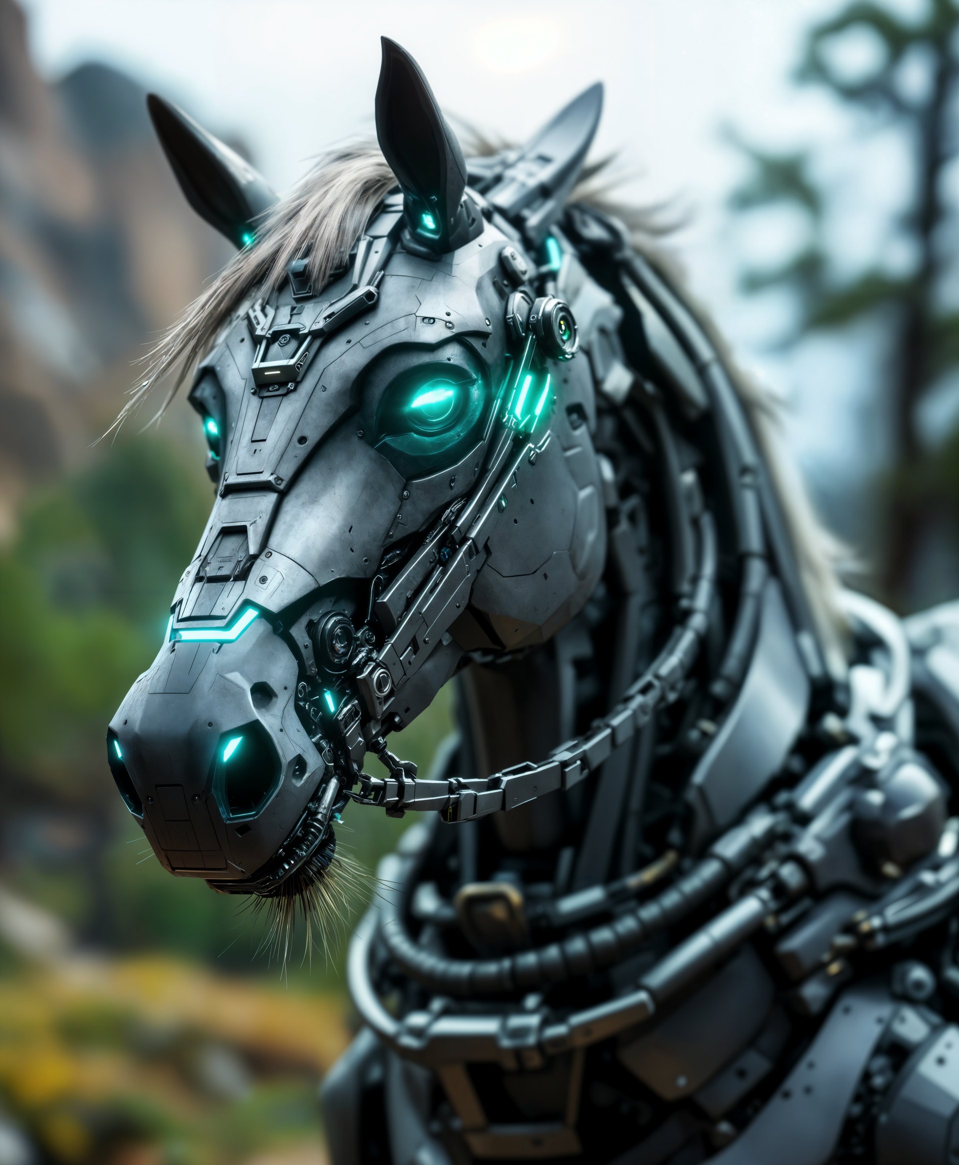 masterpiece, best quality, highres, sharp image, more detail, masterpiece, best quality, highres, sharp image, more detail, A highly detailed portrait of a **Mecha Horse**, set against the backdrop of **futuristic wilderness**. The mecha horse features:

- **Visual Details**: 
  - Constructed from sleek, high-grade metallic alloys with visible, intricate mechanical components like gears, pistons, and hydraulics. 
  - Armor plating in shades of gunmetal gray, accented with vibrant neon blue and electric green highlights, giving off a subtle glow.
  - Textures include brushed metal, polished chrome, and matte black finishes, with some parts appearing weathered and battle-worn.

- **Style**: 
  - A blend of cyberpunk aesthetics with elements reminiscent of traditional equestrian art, capturing the essence of a noble steed in a dystopian future.

- **Composition**: 
  - The mecha horse is positioned at a slight angle, head turned towards the viewer, showcasing its majestic yet intimidating presence. 
  - Camera angle is low, enhancing the grandeur of the machine, with a wide-angle lens to capture the expansive, untamed environment.

- **Mood and Atmosphere**: 
  - The scene is set at twilight, with a sky painted in hues of purple and orange, casting long shadows and creating a surreal, otherworldly ambiance. 
  - The air is filled with a light mist, giving the scene an ethereal quality, with occasional sparks from the mecha's systems adding to the atmosphere of technological marvel.

- **Technical Aspects**: 
  - Utilize high dynamic range imaging (HDR) to capture the contrast between the metallic sheen of the mecha and the natural, rugged elements of the environment. 
  - Depth of field focuses on the mecha horse, with the background slightly blurred to emphasize the subject while still providing context.

This portrait captures the fusion of technology with nature, creating a harmonious yet unsettling vision of what the future might hold for the wild.