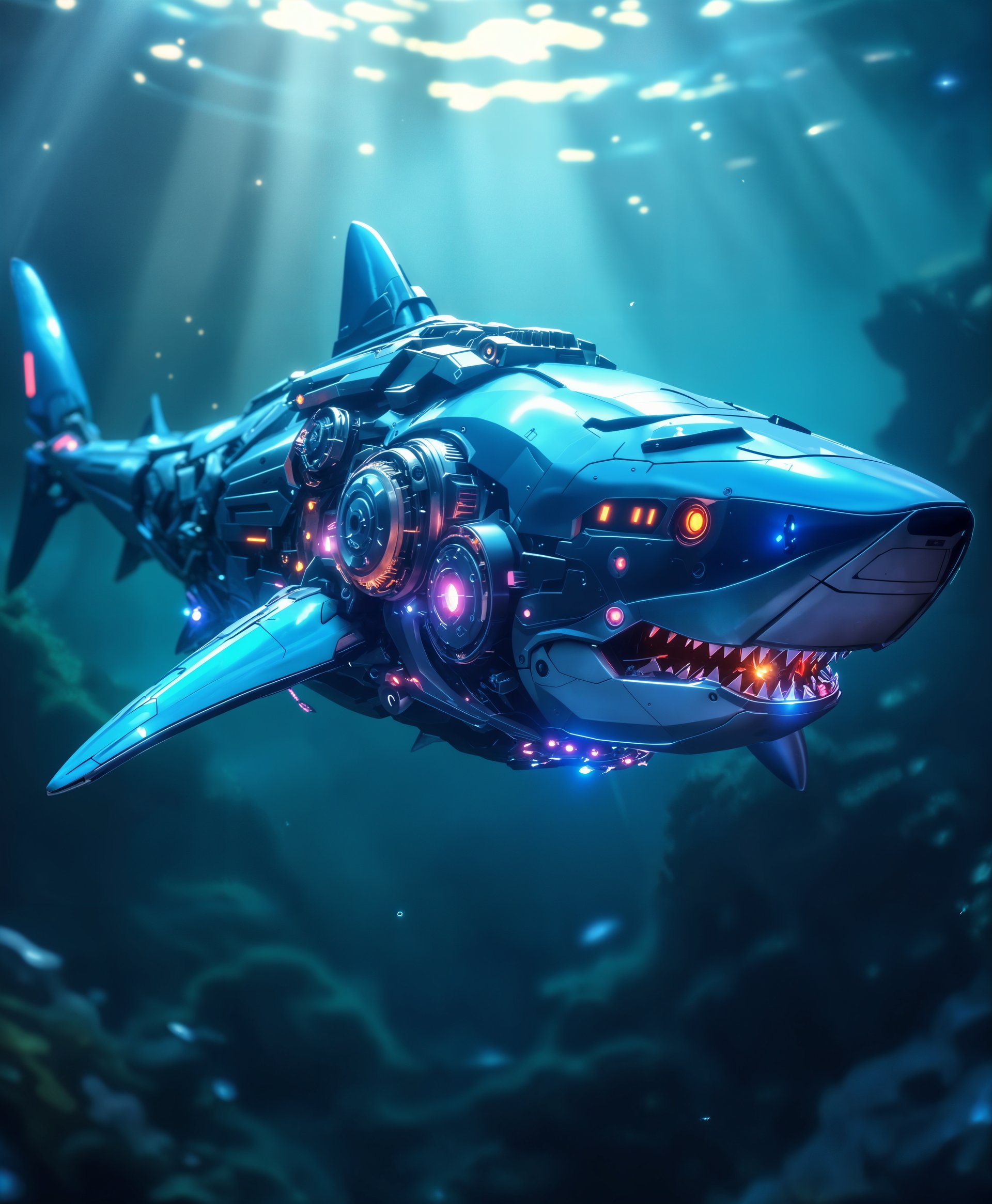 masterpiece, best quality, highres, sharp image, more detail, masterpiece, best quality, highres, sharp image, more detail, Capture a highly detailed **portrait** of a **mecha shark**, its **metallic body** shimmering with **iridescent blues and silvers** under the **soft, diffused light** of a **futuristic wild sea**. 

- **Visual Details**: The shark's mechanical parts should show intricate **gears, pistons, and glowing energy cores**, with **textures of brushed metal, polished chrome, and weathered surfaces** from battles in the deep. The sea around it is **vibrant with bioluminescent algae**, creating an **underwater light show** that reflects off the mecha's sleek form.

- **Style**: Employ a **cyberpunk** aesthetic, blending **industrial design** with **organic forms**. Use **high contrast** and **neon lighting** to highlight the futuristic elements, reminiscent of **H.R. Giger's biomechanical art** mixed with **neon-lit Japanese anime**.

- **Composition**: The mecha shark is **positioned diagonally**, swimming towards the viewer, its **eyes glowing with a predatory intensity**. The **camera angle** is slightly below the shark, looking up to emphasize its **dominance** over the aquatic environment.

- **Mood and Atmosphere**: The scene evokes a **sense of awe and mystery**, with the **ethereal glow of the sea** and the **mechanical beast** creating an atmosphere of **otherworldly power**. The time of day is **dusk**, with **dim light filtering through the water**, casting **long shadows** and **highlighting the details** of the mecha's structure.

- **Technical Aspects**: Utilize **depth of field** to keep the mecha shark in sharp focus while the surrounding sea has a **soft, dreamy blur**. Incorporate **bokeh** effects from the bioluminescence to add depth. The image should be **high resolution** to capture every detail, with **ray tracing** for realistic light reflections and **particle effects** for the water and algae.

- **Cohesion**: Every element, from the **mechanical design** of the shark to the **futuristic underwater environment**, should blend seamlessly to tell a story of **advanced technology** coexisting with the **untamed wilds of the sea**.