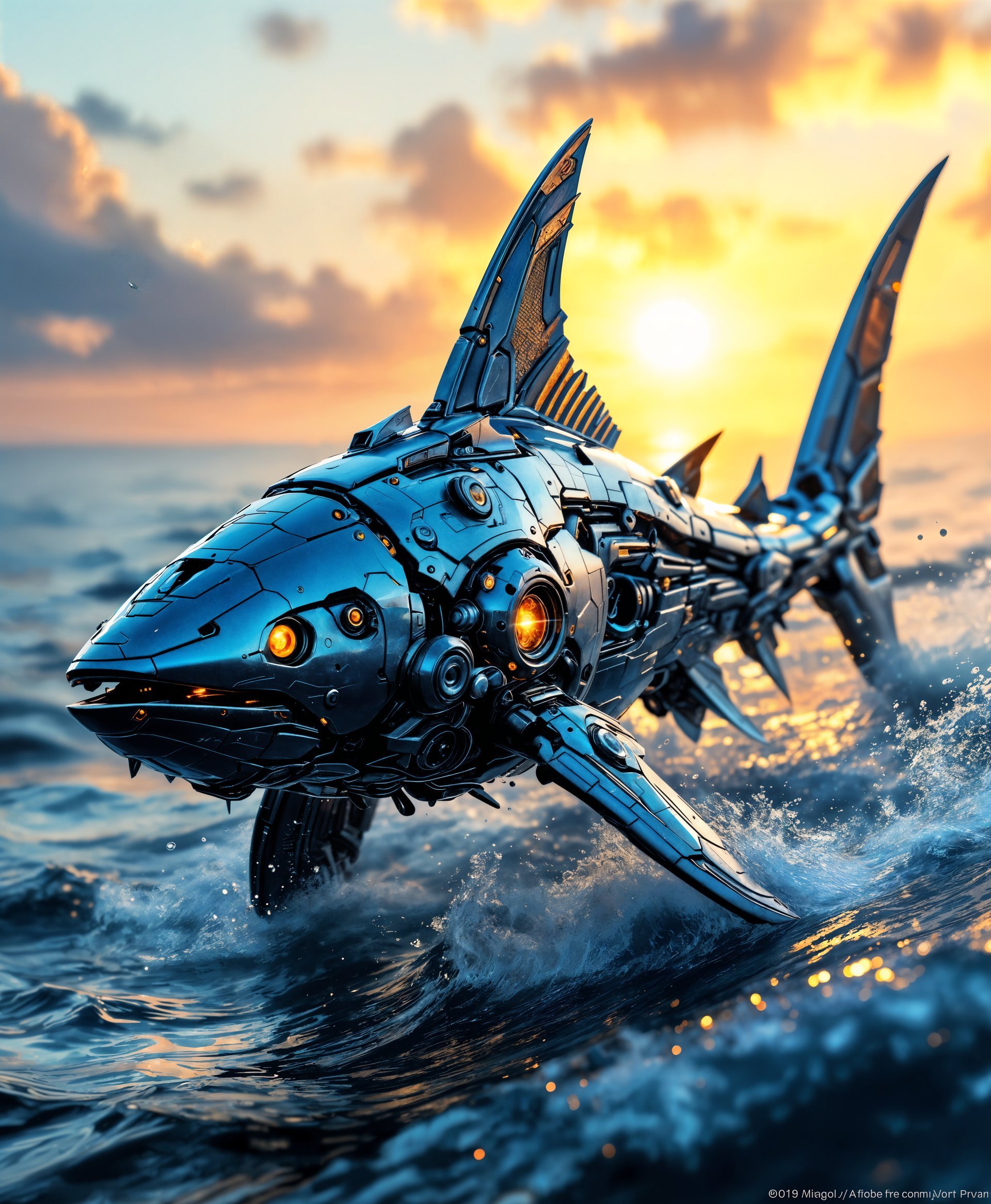 masterpiece, best quality, highres, sharp image, more detail, masterpiece, best quality, highres, sharp image, more detail, A highly detailed portrait of a sleek, **futuristic mecha Swordfish**, its metallic body shimmering with **iridescent blue and silver hues** under the **golden glow of a setting sun** on the **wild sea**. 

**Visual Details:**
- The mecha Swordfish features **intricate mechanical patterns**, with **serrated edges** mimicking the texture of a real Swordfish's scales. 
- **Hydraulic pistons** and **articulated joints** are visible, enhancing the realism of its movement through the water.
- Its **eyes glow with a soft, pulsating light**, adding a sense of life and intelligence to the machine.

**Style:**
- The image is rendered in a **cyberpunk aesthetic**, blending organic forms with **high-tech machinery**, reminiscent of **Tsutomu Nihei's art style**.

**Composition:**
- The Swordfish is positioned in a **dynamic diagonal angle**, slicing through the waves, with water droplets caught mid-air around it.
- The background features **turbulent, choppy waters** with a **distant, neon-lit cityscape** on the horizon, creating depth and context.

**Mood and Atmosphere:**
- The scene evokes a **sense of awe and wonder**, capturing the moment just before **an impending storm**, with **dark clouds** gathering above, contrasting with the warm sunlight.

**Technical Aspects:**
- **Shallow depth of field** focuses on the mecha Swordfish, with the background slightly blurred to emphasize the subject.
- **High dynamic range (HDR)** imaging enhances the contrast between the light and shadow, making the metallic surfaces gleam.
- **Lens flare** from the setting sun adds to the cinematic feel of the image.

**Cohesion:**
- Every element from the **color palette** to the **mechanical details** and **environmental interaction** works together to portray a believable, futuristic scene where technology and nature harmoniously coexist.