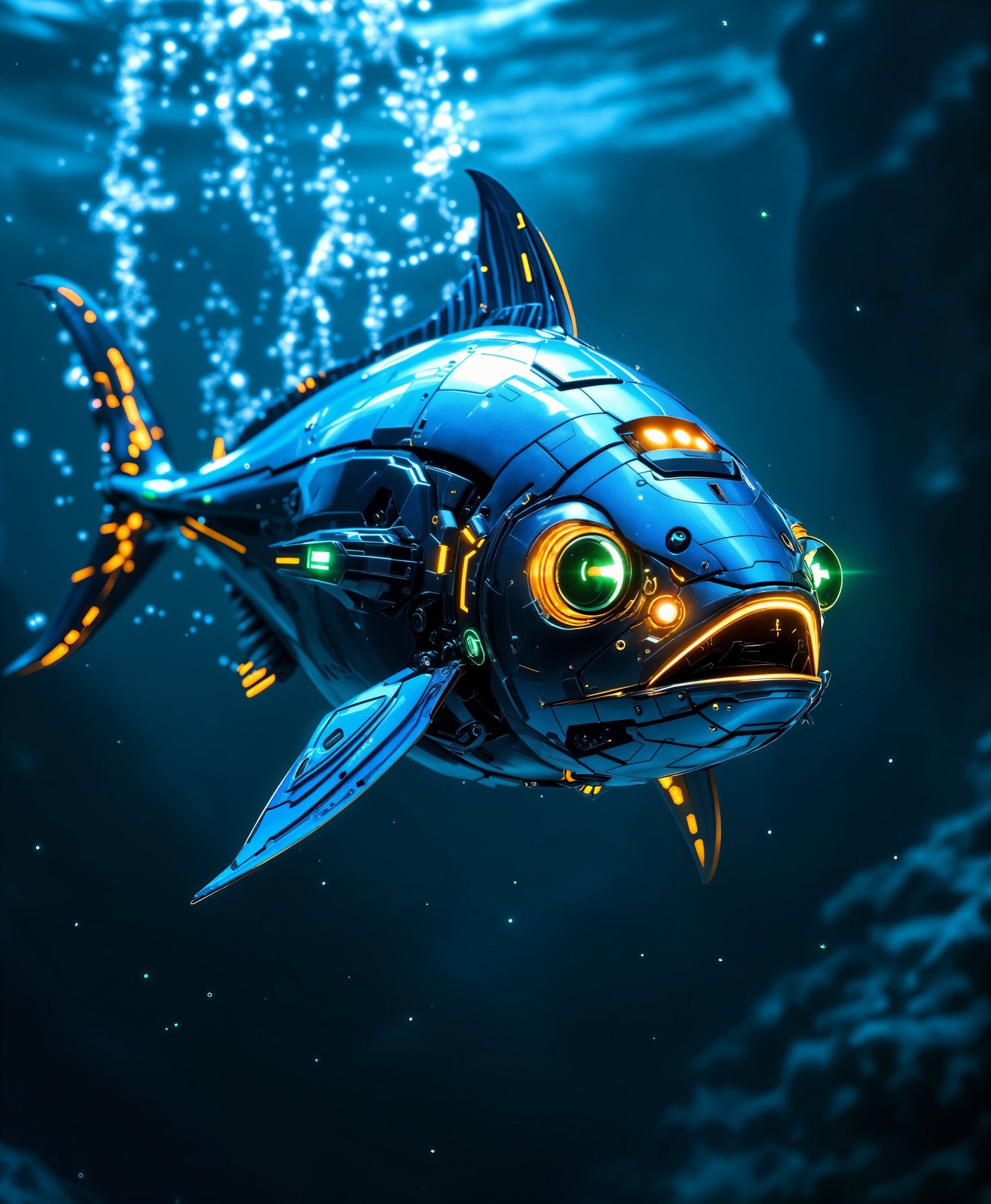 masterpiece, best quality, highres, sharp image, more detail, masterpiece, best quality, highres, sharp image, more detail, Create a hyper-realistic digital painting of a **mecha tuna**, an advanced robotic fish, navigating through the **futuristic wild sea**. The mecha tuna should exhibit:

- **Visual Details:**
  - Constructed with sleek, hydrodynamic metal plating in shades of silver, blue, and neon green, showcasing high-tech materials like graphene and carbon nanotubes.
  - Glowing, LED-like eyes that emit a soft, eerie light in the depths.
  - Propulsion systems with visible energy fields or water jets, creating a dynamic, fluid motion through the water.
  - Detailed mechanical joints and fins that mimic the natural movement of a tuna, with added futuristic enhancements like micro-thrusters.

- **Style:**
  - In the style of cyberpunk art, reminiscent of the works by Syd Mead, with a focus on a dark, moody atmosphere punctuated by vibrant neon highlights.

- **Composition:**
  - The mecha tuna is the central focus, framed in a medium close-up shot to capture its detailed mechanical features and the surrounding environment.
  - The camera angle is slightly from below, looking up at the mecha tuna, emphasizing its size and power against the backdrop of the sea.

- **Mood and Atmosphere:**
  - The scene is set at twilight, with the sun setting over the horizon, casting long shadows and creating an otherworldly glow in the water.
  - The water is disturbed by the movement of the mecha tuna, with bioluminescent algae lighting up the path it creates, contributing to a surreal, almost dreamlike quality.
  - The atmosphere is tense yet awe-inspiring, as if witnessing the evolution of technology in a wild, untamed environment.

- **Technical Aspects:**
  - Utilize techniques like depth of field to blur the background, focusing on the mecha tuna's intricate details.
  - Employ a high contrast ratio between light and shadow to enhance the dramatic cyberpunk aesthetic.
  - Use motion blur subtly on the water and the mecha tuna's propulsion to convey speed and dynamic motion.

This composition should blend the mechanical with the natural, creating an image where technology and the wild sea coexist in a visually compelling, futuristic setting.