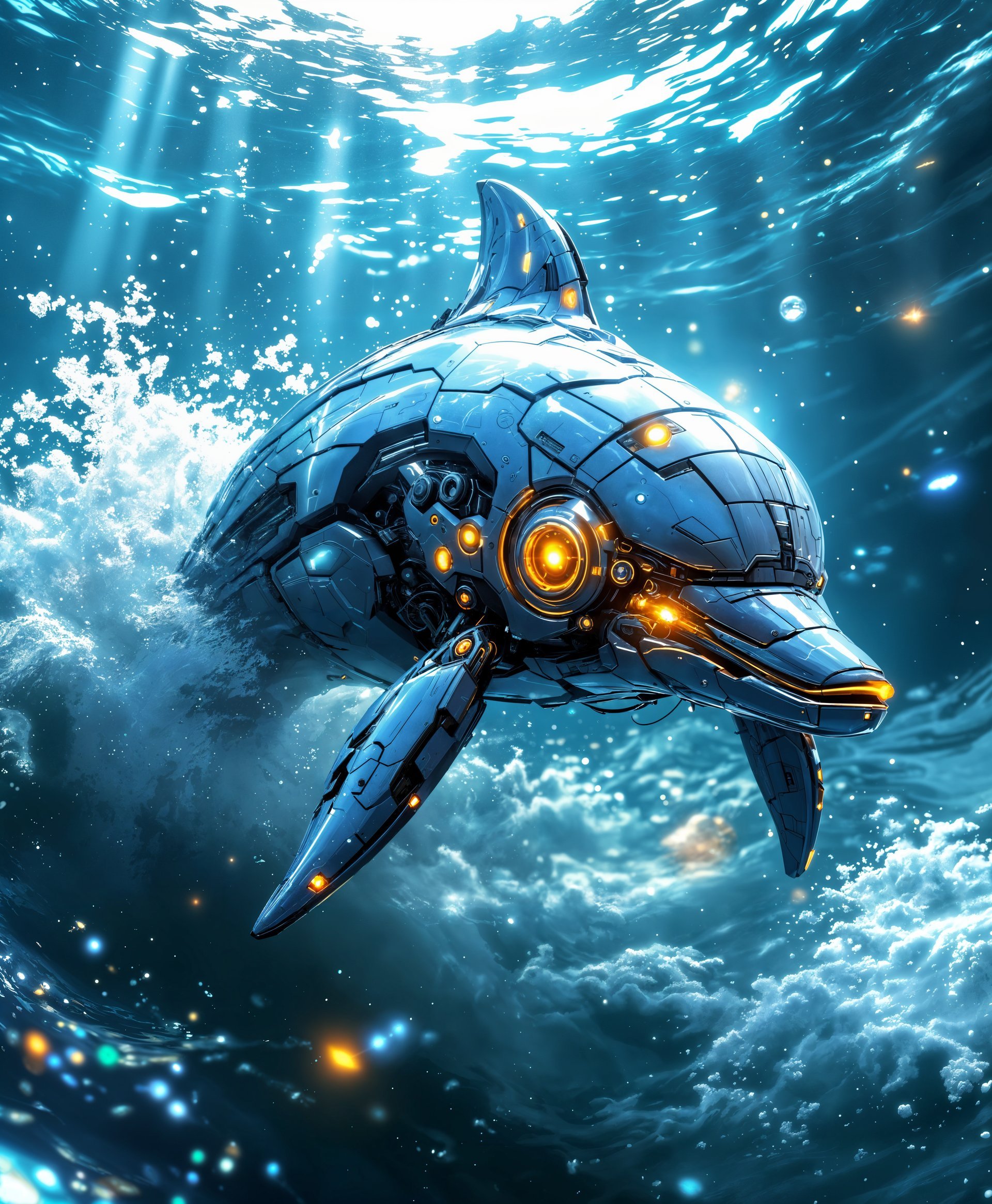 masterpiece, best quality, highres, sharp image, more detail, masterpiece, best quality, highres, sharp image, more detail, Generate a highly detailed portrait of a **mecha Dolphin** in a **futuristic wild sea**. 

**Visual Details:**
- **Mecha Dolphin:** Constructed from sleek, metallic surfaces with a pearlescent sheen, reflecting the surrounding water. Include intricate mechanical details like hydraulic pistons, glowing energy cores, and sensory arrays. 
- **Sea Environment:** The ocean is deep with an iridescent glow, hinting at bioluminescent life forms. Waves are dynamic, with spray and foam caught in mid-air, interacting with the mecha Dolphin's hull. 
- **Lighting:** Use an underwater light source with sunbeams piercing through the water, casting dynamic shadows and highlights across the mecha's surface.

**Style:**
- **Art Style:** Inspired by cyberpunk aesthetics with a touch of hyper-realistic rendering akin to Syd Mead's designs. 
- **Technique:** Emulate the depth and clarity found in high-resolution photography, capturing every rivet and panel.

**Composition:**
- **Subject Positioning:** The mecha Dolphin is in the foreground, its body slightly turned to showcase its profile, with its head tilted upwards, perhaps interacting with something above the water's surface. 
- **Camera Angle:** Low angle, looking up to give a sense of scale and awe, with the mecha's silhouette against the light above.
- **Framing:** Use a wide-angle lens effect to capture the expanse of the sea, with the mecha Dolphin as the central focus.

**Mood and Atmosphere:**
- **Mood:** Awe-inspiring, with a sense of isolation and the unknown, blending the organic with the mechanical in a harmonious dance.
- **Atmosphere:** The water is clear, with particles and tiny sea creatures visible, creating a sense of life and movement. The atmosphere is serene yet charged with potential energy.

**Technical Aspects:**
- **Depth of Field:** A shallow depth of field to focus on the mecha Dolphin while allowing the sea to blur into the background, enhancing the sense of depth.
- **Color Palette:** Predominantly cool colors with accents of vibrant, neon hues from the mecha's internal systems.

**Cohesion:** 
- Ensure that the futuristic elements of the mecha Dolphin blend seamlessly with the natural beauty of the wild sea, creating a believable, immersive environment where technology and nature coexist.