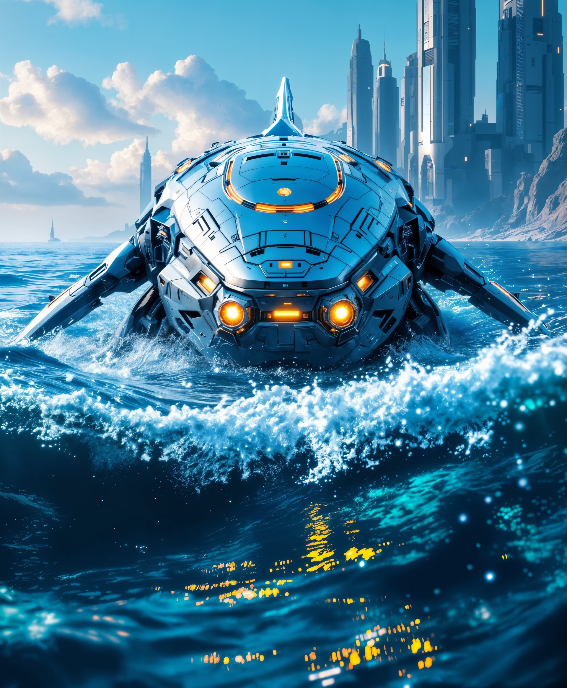 masterpiece, best quality, highres, sharp image, more detail, masterpiece, best quality, highres, sharp image, more detail, Create a highly detailed portrait of a **mecha Whale** navigating through the **futuristic wild sea**:

- **Visual Details**: The whale's exterior should gleam with **metallic blue and silver hues**, reflecting the ambient light. Its surface is adorned with intricate **technological patterns**, showing **thrusters** and **stabilizers** for movement, and **sensor arrays** for navigation. The water around the whale is **crystal clear**, allowing visibility of the **futuristic aquatic flora and fauna**.

- **Artistic Style**: Emulate the **cyberpunk** aesthetic with **neon lighting** effects and **high contrast** between shadows and illuminated areas, reminiscent of Syd Mead's futuristic designs.

- **Composition**: The whale should dominate the foreground, facing the viewer, with its body partially submerged. The camera angle is low, looking up at the whale, emphasizing its immense size. The background shows a **futuristic skyline** on the horizon, with towering structures partially obscured by mist.

- **Mood and Atmosphere**: The scene captures a **dusk setting** where the last rays of sunlight give way to the **neon glow** of the underwater city. The atmosphere is **mysterious** yet **awe-inspiring**, with the sea slightly choppy, indicating the power and presence of the mecha whale.

- **Technical Aspects**: Utilize **HDR** to capture the range of light, from the neon glows to the deep shadows. Employ **bokeh** to blur the distant cityscape, focusing attention on the whale. Use **long exposure** to capture the motion of the water around the whale, creating a sense of fluidity and movement.

- **Cohesion**: All elements should contribute to a seamless blend of technology and nature, with the mecha whale appearing as a majestic guardian of this advanced aquatic ecosystem.