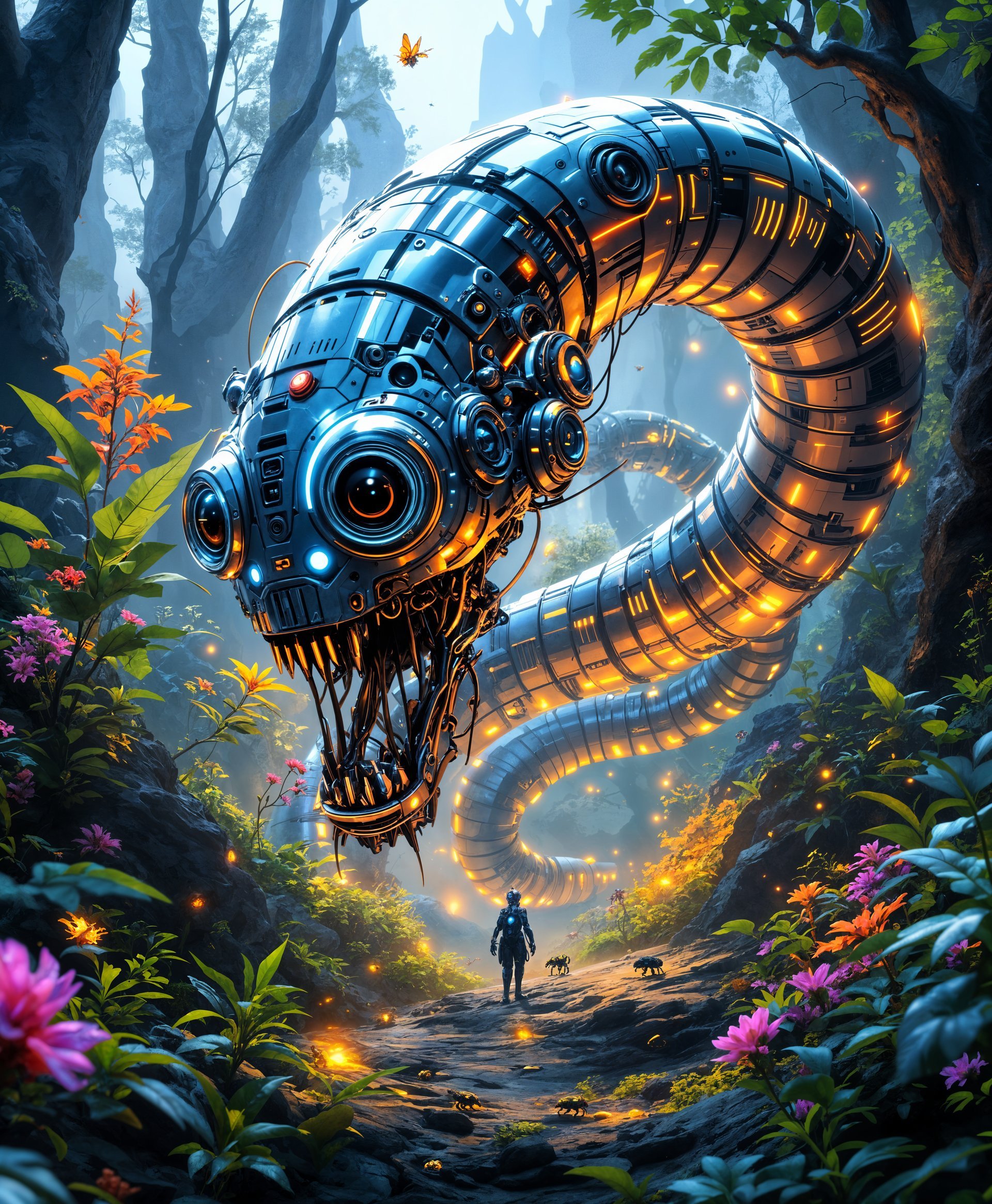 masterpiece, best quality, highres, sharp image, more detail, masterpiece, best quality, highres, sharp image, more detail, **Prompt for AI Image Generation:**

Create a highly detailed portrait of a **mecha worm**, an imposing cybernetic organism, set within the **futuristic wild**:

- **Subject**: The mecha worm, its metallic body intricately designed with advanced technology, segmented to mimic the natural curves of a worm, with glowing energy lines running along its length. Its head should be adorned with multiple lens-like eyes and antennae for sensory functions, exuding a sense of mechanical life.

- **Environment**: Surround the mecha worm with a **futuristic wild** setting, where nature has adapted to the advanced technology. Vegetation should incorporate neon colors, bioluminescent plants, and mechanical elements. The ground could be a mix of natural soil and synthetic materials, with small robotic creatures or insects interacting with the scene.

- **Style**: The artwork should reflect a **cyberpunk** aesthetic, reminiscent of Syd Mead's futuristic landscapes, combined with the intricate detail of H.R. Giger's biomechanical designs. Use sharp contrasts and a **high dynamic range** to emphasize the mechanical nature of the worm against the organic backdrop.

- **Lighting**: Employ a **dramatic lighting** setup with neon lights casting shadows and highlights, creating an atmosphere of both danger and wonder. The time of day should suggest **dusk or dawn**, where the natural light blends with artificial light sources.

- **Composition**: Position the mecha worm centrally or slightly off-center, with its body curving or winding through the frame, drawing the viewer's eye along its length. The camera angle should be **low**, giving the worm a towering, imposing presence.

- **Mood and Atmosphere**: Convey a sense of **mysterious allure** and **technological advancement**, where nature and technology coexist in a harmonious yet eerie balance. The atmosphere should feel **electric** and **alive** with energy, perhaps with small sparks or light effects to indicate the worm's operational systems.

- **Technical Aspects**: Utilize techniques like **hyper-detailing**, **bokeh** for background elements, and **specular highlights** on the metal parts to enhance realism. The image should have a **shallow depth of field** to focus on the mecha worm while allowing the futuristic wild to blur slightly into the background, creating a sense of depth.

This portrait should not only capture the viewer's imagination but also evoke a feeling of stepping into a world where technology has seamlessly integrated with the natural environment, creating a new, awe-inspiring ecosystem.