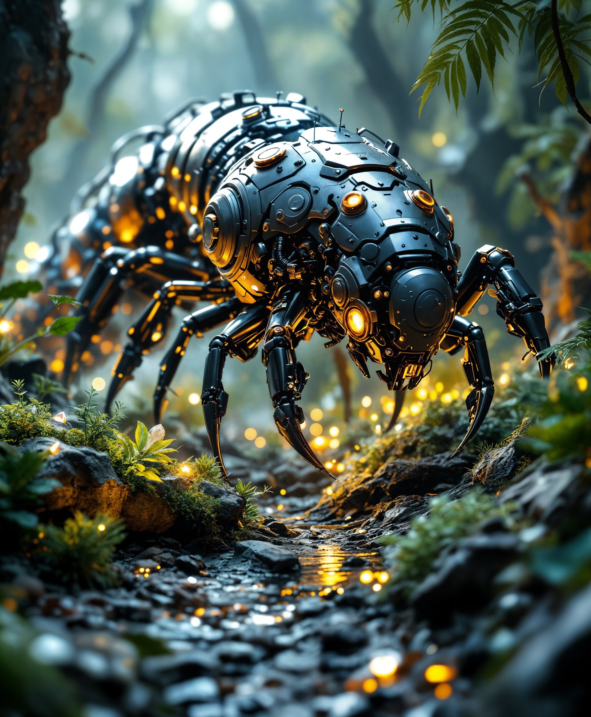 masterpiece, best quality, highres, sharp image, more detail, masterpiece, best quality, highres, sharp image, more detail, Create a **hyper-realistic portrait** of a **mecha centipede** roaming through a **futuristic wild**:

- **Subject**: The mecha centipede should have an intricate, **biomechanical design** with visible **hydraulic systems, gears, and pistons**. Its body should be segmented, mirroring the natural centipede but with an industrial twist, covered in **metallic plating** with **high-contrast textures** like brushed steel, polished chrome, and matte black finishes.

- **Environment**: The setting is a **futuristic wilderness** with **overgrown, alien-like flora**, featuring **glowing plants** and **crystals** emitting a soft, ethereal light. The ground should be littered with **futuristic debris** like **broken machinery** and **high-tech scraps**, blending the organic with the artificial.

- **Lighting**: Utilize **dramatic lighting** with **ray tracing** to enhance the metallic sheen of the mecha centipede, creating **highlights and shadows** that accentuate its form. The background should have a **crepuscular** effect, with light piercing through the thick, **neon-tinted fog**.

- **Artistic Style**: Capture the scene in a **cyberpunk** aesthetic, with influences from **industrial art** and **sci-fi concept art**. Use **hyper-detailed rendering** to showcase the complexity of both the mecha and the environment, ensuring a **hyper-realistic portrayal**.

- **Composition**: Position the mecha centipede in the **lower third** of the frame, its body winding through the wild, with its head slightly turned towards the viewer, suggesting an **interactive moment**. The camera should be at a **low angle** to emphasize its enormity and the verticality of the surrounding plants.

- **Mood and Atmosphere**: The image should evoke a **sense of awe** and **intrigue**, with a **mysterious, post-apocalyptic vibe**. The time should be **twilight**, with the **setting sun** casting long shadows and illuminating the scene with a **neon glow**.

- **Technical Aspects**: Employ **depth of field** to blur the background slightly, focusing on the mecha centipede. Use **Bokeh** effects to create a **dreamlike quality** in the background. The image should have **high resolution** to capture every minute detail, with **ray tracing** for realistic lighting and reflections.

- **Cohesion**: Every element should contribute to a **