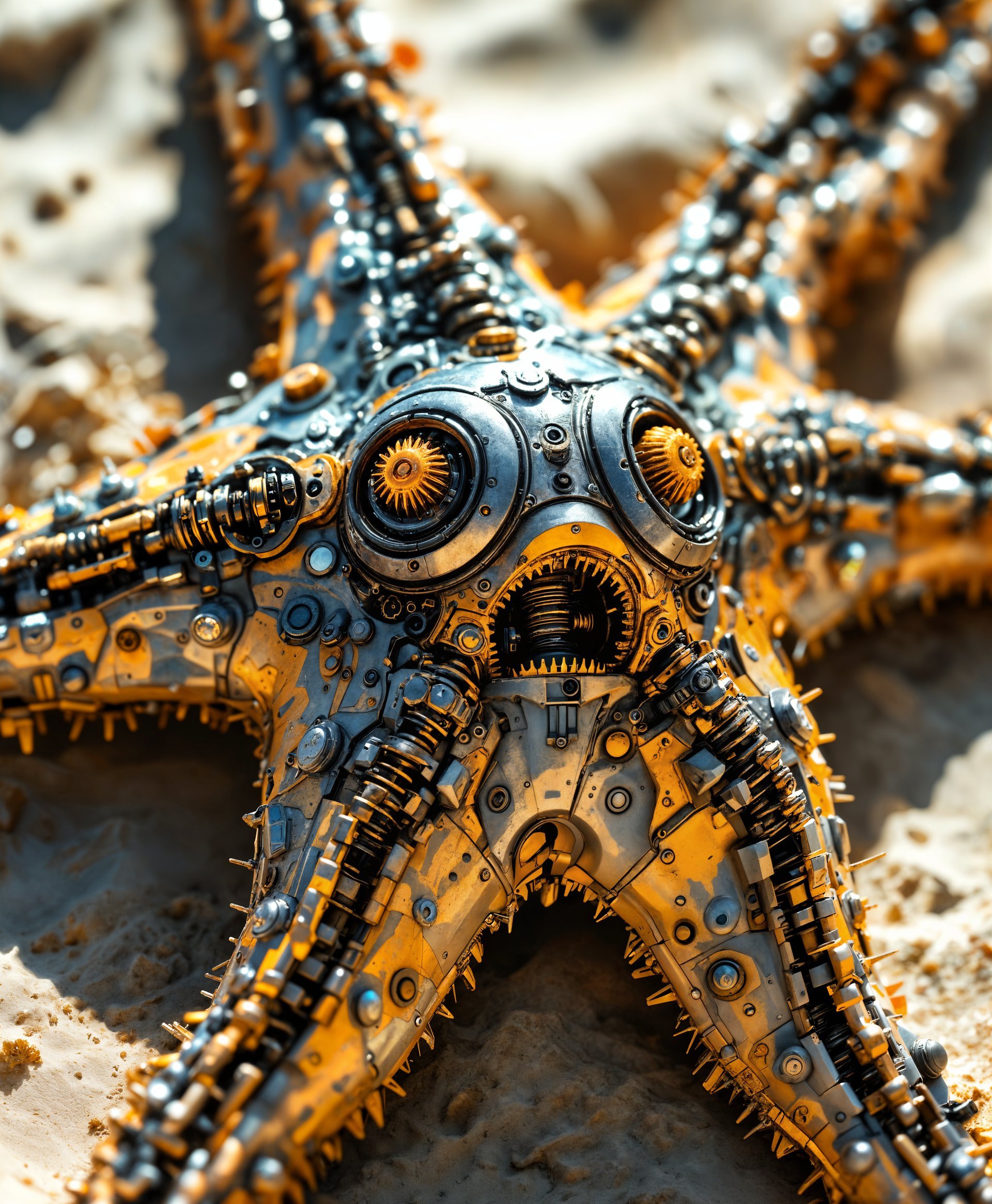 masterpiece, best quality, highres, sharp image, more detail, masterpiece, best quality, highres, sharp image, more detail, **Subject**: A highly detailed portrait of a *mecha starfish*, showcasing:

- **Texture**: Metallic, with visible gears, pistons, and hydraulic systems integrated into its body. The surface should have a weathered, sun-bleached appearance from its time in the wild.
  
- **Color Palette**: Predominantly in muted metallic shades like gunmetal grey, rusty orange, and hints of iridescent blue, reflecting the harsh sun and sandy environment.

- **Lighting**: Harsh, direct sunlight casting long shadows, with the mecha starfish's metallic body reflecting and scattering light in various directions, creating a dynamic play of light and shadow.

- **Artistic Style**: Inspired by *Steampunk* aesthetics, merging Victorian industrial elements with advanced, futuristic technology, but with a nod to the simplicity of nature.

- **Composition**: 
   - *Framing*: Close-up portrait, focusing on the mecha starfish's face and upper body, with the wild, sandy environment subtly framing the subject.
   - *Camera Angle*: Low, slightly looking up to emphasize the grandeur and majesty of the mecha starfish, with the sand dunes as a backdrop.
   - *Subject Placement*: Centered, dominating the frame, with its mechanical arms or appendages extending towards the viewer, suggesting interaction or awareness.

- **Mood and Atmosphere**: 
   - *Time of Day*: Late afternoon, with the sun low in the sky, casting a golden hour glow that interacts beautifully with the metallic textures.
   - *Weather*: Clear skies, with the wind subtly stirring the sand around the mecha starfish, adding to the sense of isolation and survival in a harsh environment.

- **Technical Aspects**: 
   - *Depth of Field*: Shallow, with the focus on the mecha starfish, allowing the background to blur slightly, emphasizing the subject's details.
   - *Exposure*: Slightly underexposed to highlight the intricate details of the mecha starfish while maintaining a dramatic, cinematic feel.
   - *Lens Choice*: Use of a macro lens to capture the minute details of the mechanical components and the texture of the sand.

**Unified Scene**: The mecha starfish stands as a symbol of adaptation and resilience in a futuristic, wild sandscape, where technology and nature have found a unique balance. Its mechanical nature contrasts with the organic environment, creating a visual narrative of survival and evolution in a post-apocalyptic world.