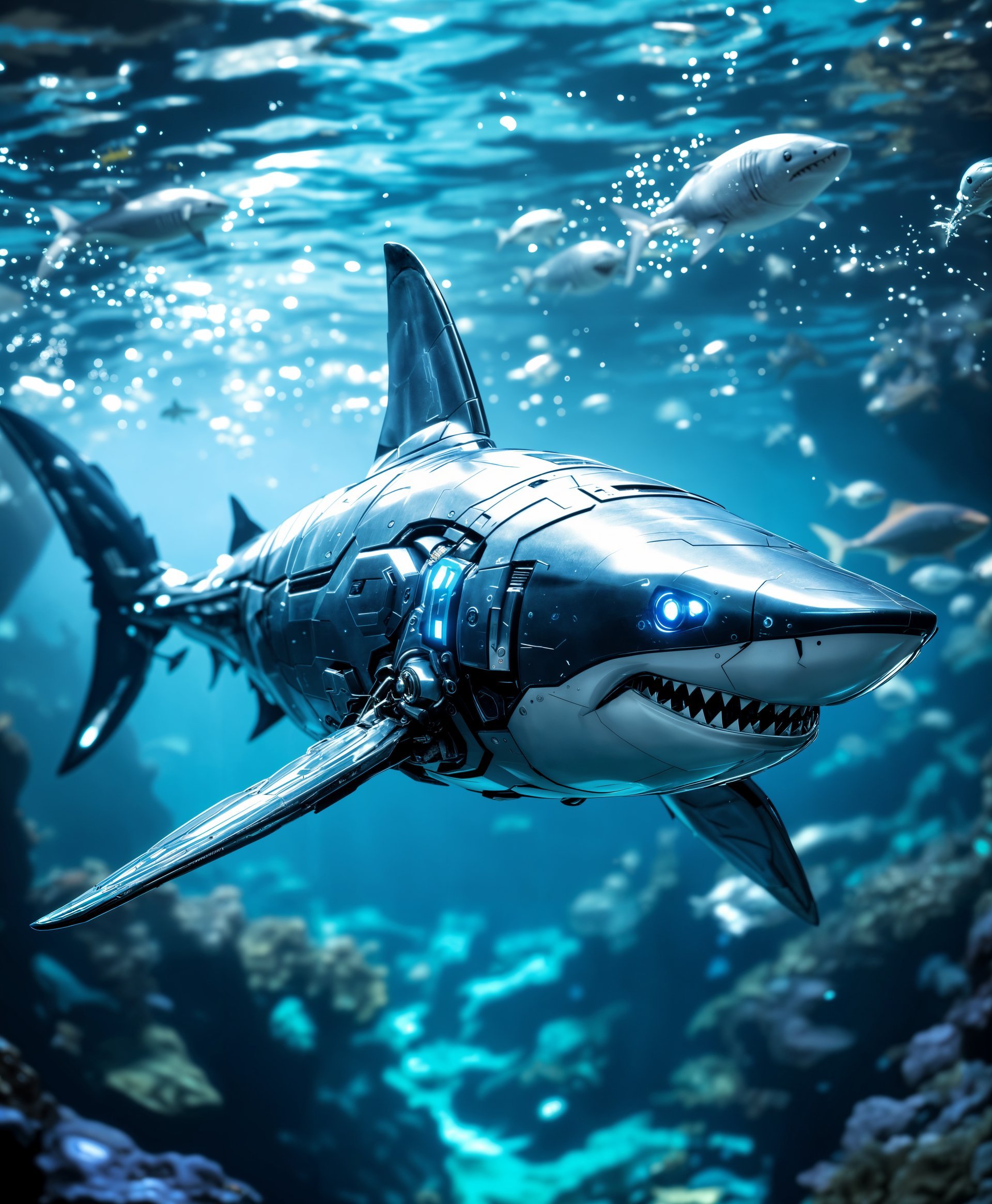 masterpiece, best quality, highres, sharp image, more detail, masterpiece, best quality, highres, sharp image, more detail, ```plaintext
A highly detailed portrait of a **mecha great white shark** in the **futuristic wild sea**:

- **Subject**: The shark is an advanced robotic version, showcasing metallic textures with intricate mechanical parts like hydraulic joints, optical sensors, and a sleek, hydrodynamic design. Its eyes glow with a cold, blue LED light, and its body is painted in a gradient from dark gray to a metallic silver, reflecting the underwater light.

- **Setting**: The shark swims through a sea that is both beautiful and alien. The water is clear with bioluminescent algae creating a soft, ethereal glow. The seabed is visible with futuristic structures, coral-like formations made of metal and glass, and schools of robotic fish.

- **Artistic Style**: The image should evoke the feeling of a **cyberpunk** aesthetic, with a nod to **hyper-realistic** CGI rendering techniques. The scene should appear as if captured with **high dynamic range imaging (HDRI)** to highlight the contrast between light and shadow in the water.

- **Composition**: The mecha shark dominates the frame, positioned slightly off-center, swimming towards the viewer with an open jaw, displaying its mechanical teeth. The angle is low, looking up from the depths to emphasize the shark's imposing presence. The background features a mix of natural and artificial elements, creating depth and perspective.

- **Mood and Atmosphere**: The atmosphere is **mysterious** yet **awe-inspiring**. The time is twilight, with the last rays of sunlight filtering through the water, casting long shadows and highlighting the reflective surfaces of the mecha shark. The mood is one of **technological wonder** mixed with the **wild, untamed nature** of the sea.

- **Technical Aspects**: Use **ray tracing** for realistic light reflection and refraction in water, **depth of field** to focus on the shark while the background is slightly blurred, and **motion blur** to suggest the speed and power of the mecha creature.

- **Cohesion**: The futuristic wild sea should seamlessly blend with the advanced technology of the mecha shark, creating a believable, cohesive world where nature and technology coexist in a new, unexplored frontier.
```