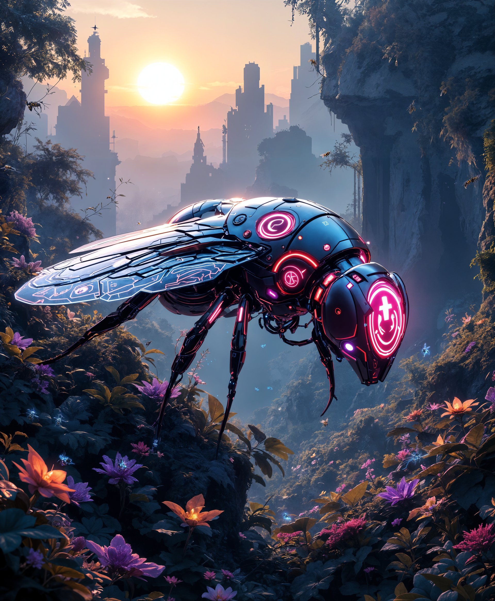 masterpiece, best quality, highres, sharp image, more detail, masterpiece, best quality, highres, sharp image, more detail, **Portrait of a Mecha Bee in Futuristic Wilderness:**

- **Subject**: A highly detailed, intricately designed mecha bee, with sleek metallic surfaces, vibrant LED lights, and intricate mechanical wings. The bee's body is adorned with futuristic symbols and insignias, blending organic and technological elements seamlessly.

- **Setting**: The mecha bee is situated in a lush, overgrown futuristic wilderness. Vegetation is a mix of metallic and organic plants, with glowing neon vines and bioluminescent flowers. The scene includes remnants of an ancient civilization, with parts of buildings and tech integrated into the landscape.

- **Lighting**: The scene is lit by a setting sun, casting long shadows and highlighting the contrast between the metallic surfaces of the bee and the natural elements. The light reflects off the bee's polished surfaces, creating a dazzling effect.

- **Mood and Atmosphere**: The atmosphere is serene yet mysterious, with a hint of danger and adventure. The wilderness feels both alien and familiar, evoking a sense of wonder and exploration. The air is filled with a soft hum from the mecha bee's wings and the distant sounds of futuristic wildlife.

- **Composition**: The mecha bee is the focal point, positioned slightly off-center to draw the viewer into the scene. It's captured from a low angle, enhancing its grandeur against the backdrop of the overgrown ruins. The composition includes a diagonal line from the bee's wings leading into the depths of the wilderness, guiding the viewer's eye.

- **Artistic Style**: The image adopts a **Cyberpunk** aesthetic, with elements of **Biomechanical Art** and **Environmental Photography**. The style emphasizes sharp contrasts, vivid colors, and a blend of organic and mechanical textures, reminiscent of artists like H.R. Giger and Syd Mead, but with a more vibrant, nature-infused twist.

- **Technical Aspects**: Utilize **High Dynamic Range Imaging (HDRI)** to capture the range of light and shadow, ensuring the metallic surfaces of the bee and the neon elements in the environment are accurately rendered. Employ **Bokeh** for a shallow depth of field to focus on the bee, with the background softly blurred to enhance the sense of depth and focus.

- **Additional Details**: The bee's eyes are multifaceted, reflecting the environment with a sense of intelligence and purpose. Small, hovering drones or robotic insects can be seen in the background, adding to the ecosystem's complexity. The scene should evoke a sense of scale, with the mecha bee appearing large and imposing amidst the wilderness.