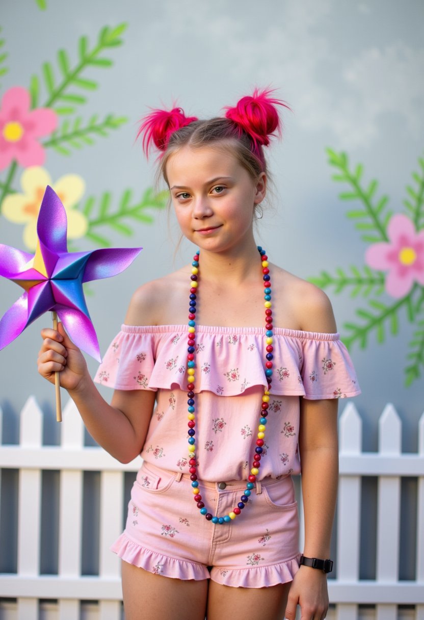 This image features a teenage girl with pink hair styled in two buns with red pompoms, standing against a painted backdrop that resembles a soft, dreamy garden scene. The subject is wearing a playful, offtheshoulder pink top with a floral pattern and ruffled edges, paired with matching ruffled shorts that have a similar floral design. A whimsical accessory is a long, colorful beaded necklace with various shapes and sizes of beads, which adds a pop of color to the ensemble.The subject is holding a pinwheel, which has a vibrant array of colors including purple, blue, yellow, and pink, with a shiny, iridescent finish. The pinwheels design is intricate, with multiple blades that catch the light, giving it a dynamic and playful appearance.The art style of the image is soft and dreamy, with a romantic and whimsical feel. The medium appears to be a painted canvas, given the texture and brush strokes visible in the background. The colors are pastel and muted, with a predominance of pinks, purples, and greens, creating a serene and tranquil atmosphere. The objects in the image, aside from the subject and the pinwheel, are the painted flowers and foliage in the background, which add to the dreamy quality of the scene. The white picket fence in the background also contributes to the idyllic, gardenlike setting.