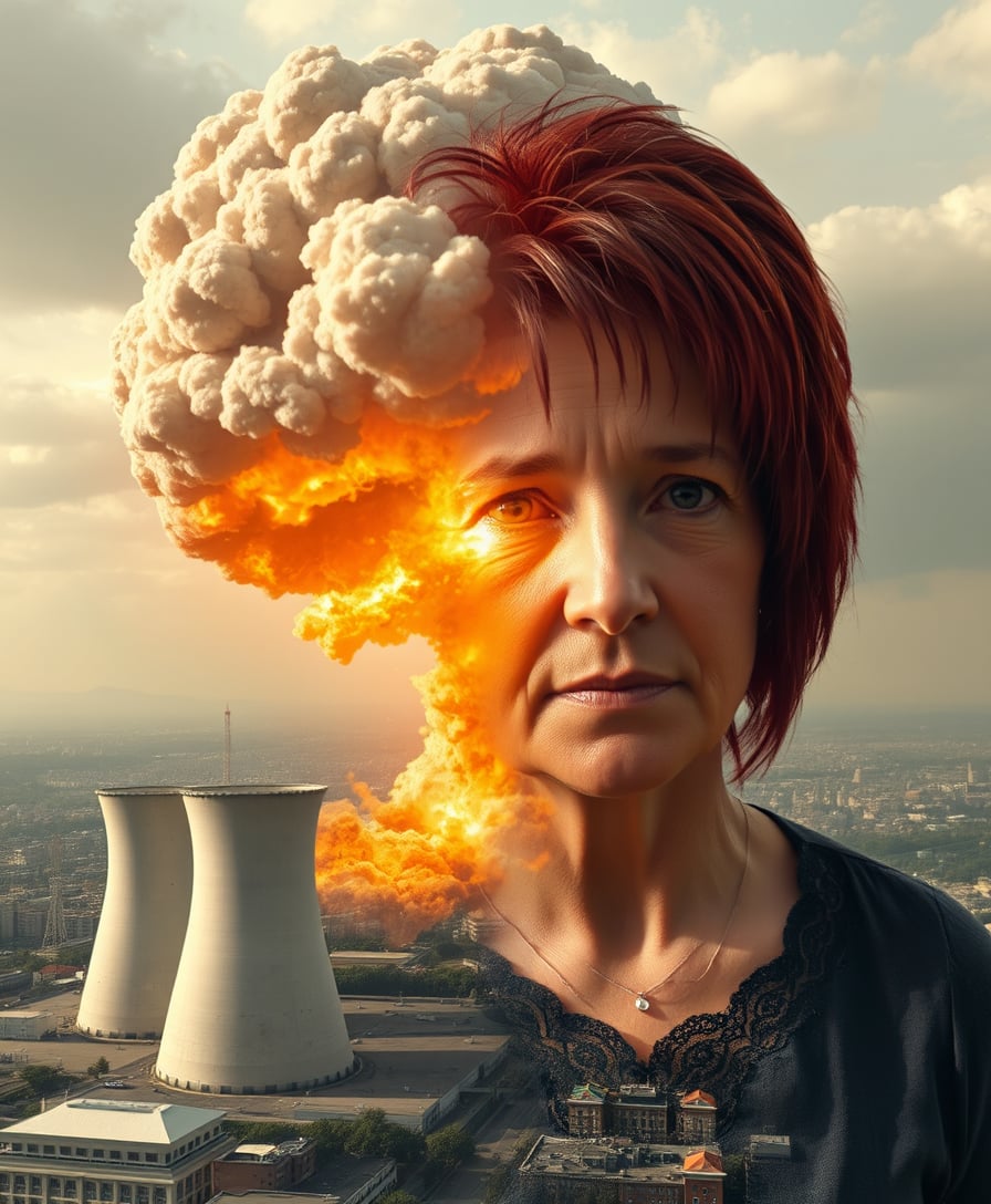 I_face_neutral, portrait of a 40 year old woman with short red messy hair with fear in her eyes, This image depicts a catastrophic nuclear explosion with a highly detailed and realistic portrayal. The explosion is at the center of the image, with a massive mushroom cloud rising into the sky. The mushroom cloud is composed of a dense, grayishwhite smoke at the top, transitioning into a fiery orange and red at the base, indicating the intense heat and energy of the blast.The nuclear facility is shown with three large, white cooling towers in the foreground, which are characteristic of nuclear power plants. They are situated in a densely populated urban area, with buildings and structures visible in the distance. The cityscape is sprawling and includes a variety of architectural styles, suggesting a diverse and possibly multicultural community.The medium of the image appears to be digital painting or digital illustration, given the smooth gradients and seamless blending of colors. The art style is cinematic and dramatic, with a focus on realism and attention to detail. The use of lighting and shadow adds depth and dimension to the scene, enhancing the overall impact of the explosion.The colors in the image are quite vivid and impactful. The mushroom cloud is primarily composed of grays, whites, oranges, and reds, creating a stark contrast against the blue sky and the urban environment. The fiery oranges and reds of the explosion are particularly eyecatching and convey a sense of danger and chaos. The cityscape is depicted in a variety of earthy tones, with greens, browns, and grays, which add to the realism of the scene.In summary, this image is a highly detailed and realistic portrayal of a nuclear explosion, with a focus on the mushroom cloud and the surrounding urban environment. The use of digital painting techniques and cinematic art style enhances the dramatic and impactful nature of the scene.