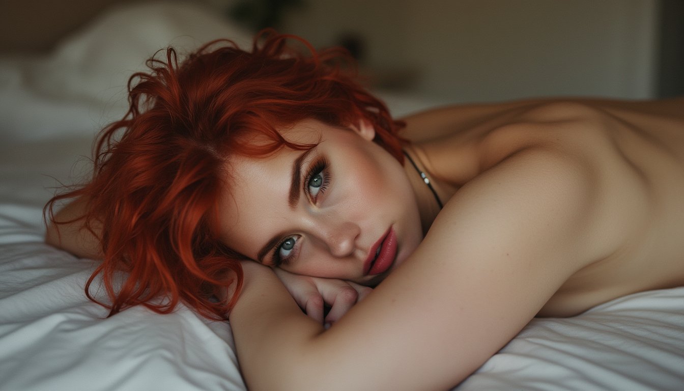 a nude chubby 40yo woman with short red messy hair, laying on her side on a bed.