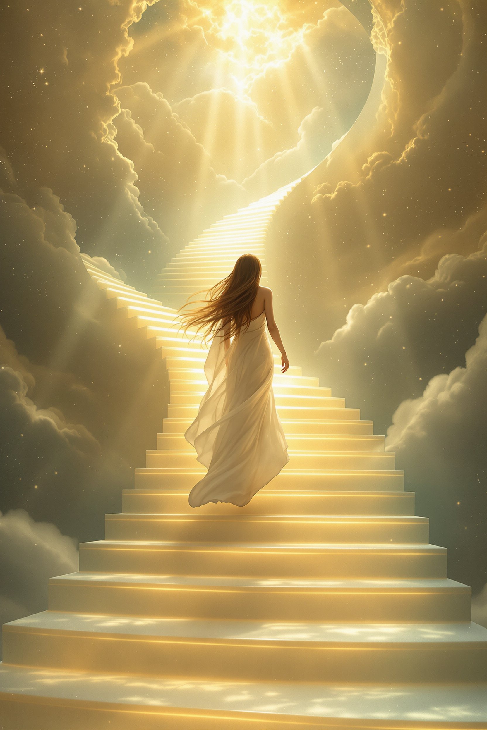 A woman with flowing hair, dressed in ethereal white robes, ascends a grand, spiraling staircase that seems to stretch infinitely into the heavens. The stairs are made of luminous, translucent marble, glowing softly with an inner light. Around her, the atmosphere is filled with a gentle, golden mist, suggesting a divine or celestial realm. The lighting is soft and diffused, with rays of light breaking through the clouds above, illuminating her path. The style evokes a blend of Romanticism and Surrealism, capturing the mystical and dreamlike journey. The camera angle is from below, looking up towards the heavens, emphasizing the monumental scale of the staircase. The mood is serene, with an otherworldly tranquility, as if time itself slows down. Use techniques like high dynamic range imaging (HDR) to capture the full spectrum of light and shadow, creating a vivid contrast between the dark earth below and the bright, heavenly destination above.