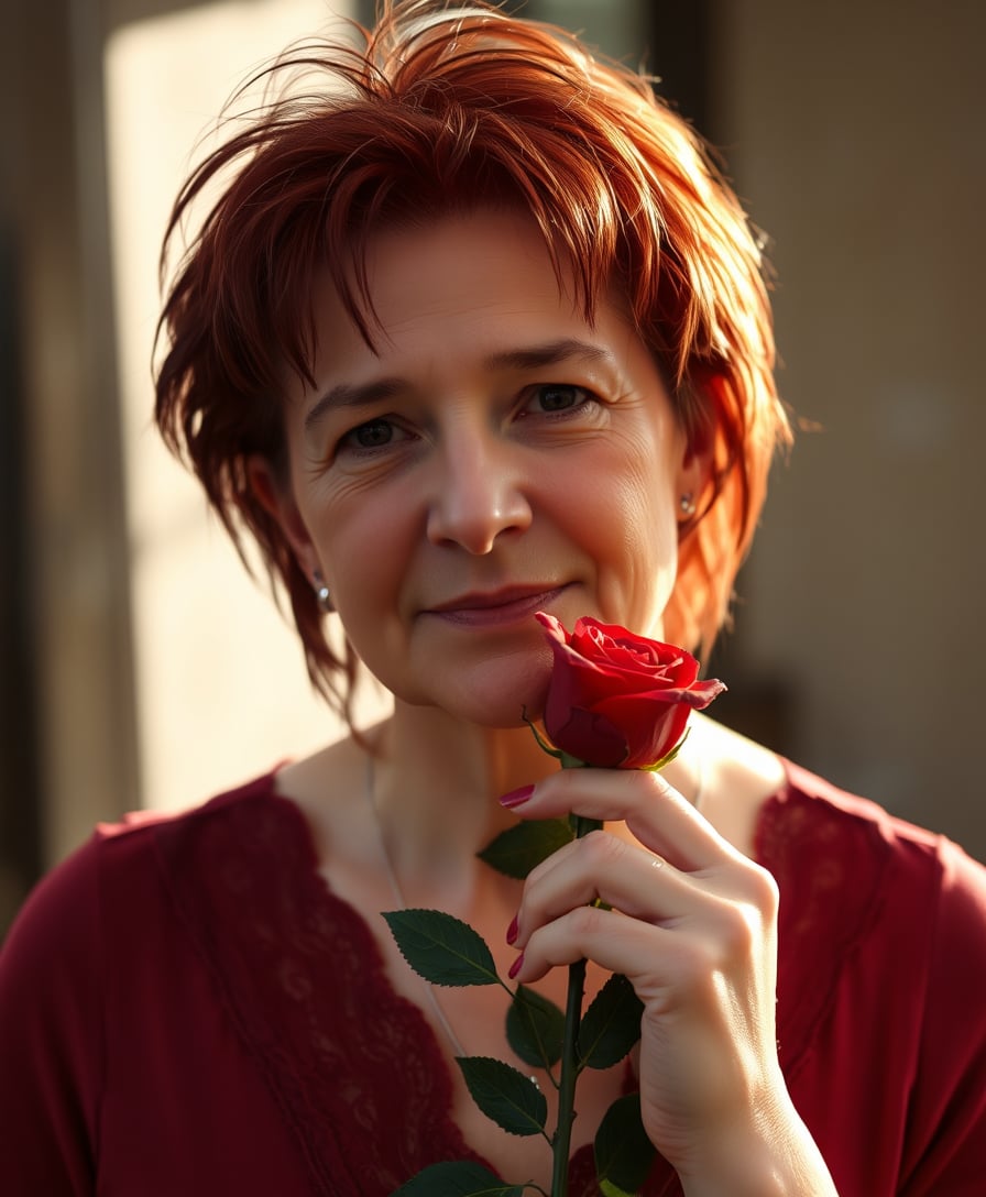 I_face_neutral, In a soft-focused close-up, a 40 year old woman, short red messy hair, stands gracefully, holding a single red rose close to her face. Her expression is one of tranquility, illuminated by warm afternoon sunlight. The smooth texture of the rose contrasts beautifully with her delicate features. The background is softly blurred, enhancing the romantic and serene atmosphere while keeping the focus on her and the flower's vibrant color.