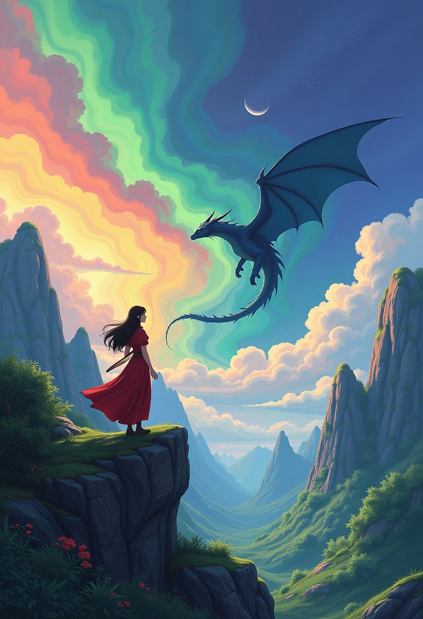 a female warrior and a flying dragon over a rocky landscape, sky filled with a giant flow of colorful mist, inside a mystic forest, neverland: A lost island where children can stay forever young, hd, dramatic lighting, Intricate, vibrant colors, high quality, highly detailed, centered, sharp focus, film grain, f/4 drawing by studio ghibli,
