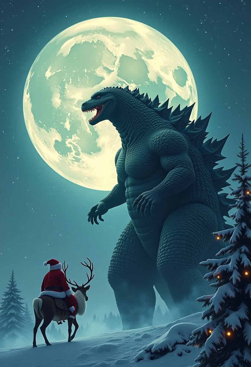 a huge moon in the sky.  Sillouuetted against the moon, Godzilla has caught Santa Claus and is eating the reindeer

