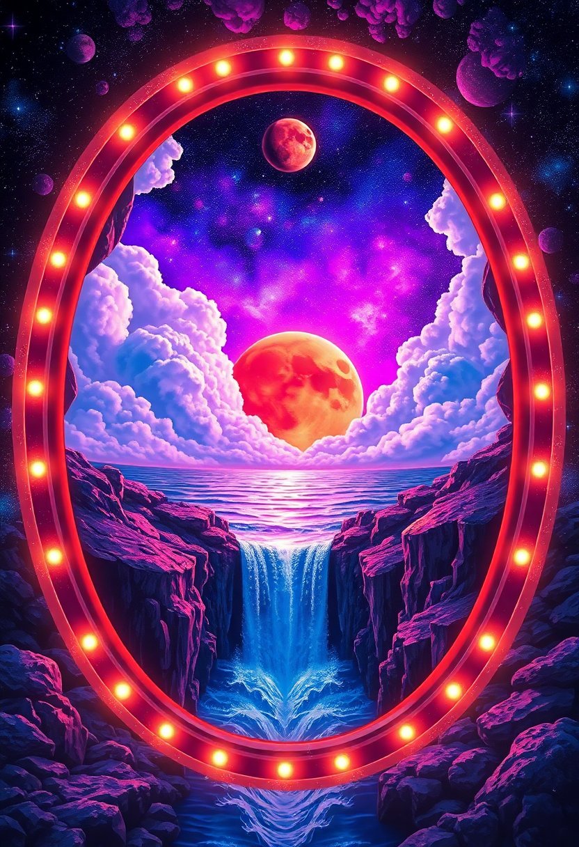 A dazzling, otherworldly portal in the shape of a mirror reveals a galaxy of plush clouds and the distant red planet of Mars. The reflection shows a stunning array of colors - purple, white, pink, orange, and blue - mirrored in the waters of an ocean cascading down a majestic waterfall. Surrounded by shimmering neon LED lights, this surreal scene practically glows with an ethereal beauty. This intricate and vividly detailed painting transports viewers into a dreamlike realm of cosmic wonder.