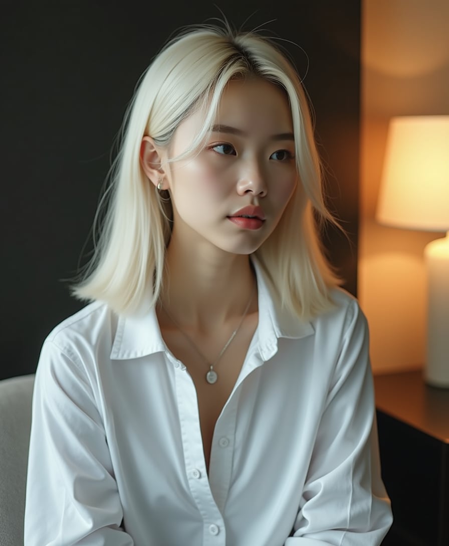 Create an image of a young Asian woman with light skin and straight, shoulder-length platinum blonde hair. She has a slender build and is wearing a white button-up shirt with the sleeves casually rolled up to her elbows. The shirt is slightly unbuttoned at the top, revealing a delicate silver necklace with a small pendant. Her makeup is subtle, with a natural lip color and minimal eye makeup, giving her a fresh, understated look. She is seated against a softly dimly lit background, possibly in a hotel or modern apartment, with a warm, ambient glow from a lamp with a white shade positioned on a dark surface to her right. The soft lighting casts a gentle glow on her face, highlighting her features. Her expression is soft and contemplative as she gazes slightly to the left. The background remains uncluttered, focusing all attention on her. The lower part of the image contains Chinese characters, adding cultural context to the scene. The overall mood of the image is serene, calm, and introspective. 